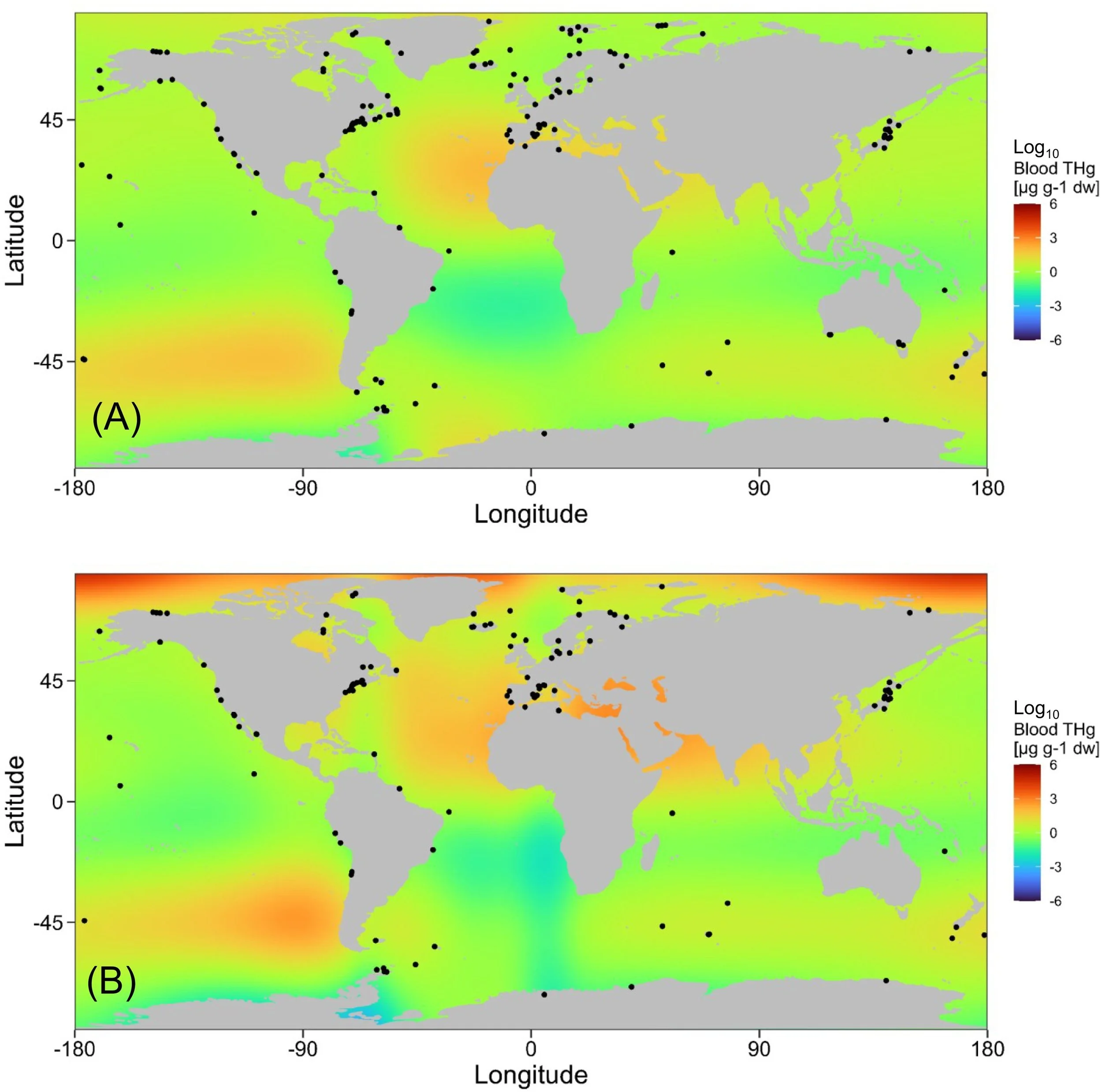Resultados extrapolados del modelo GAM que estiman la distribución clobal de mercurio en la sangre de las aves marinas.