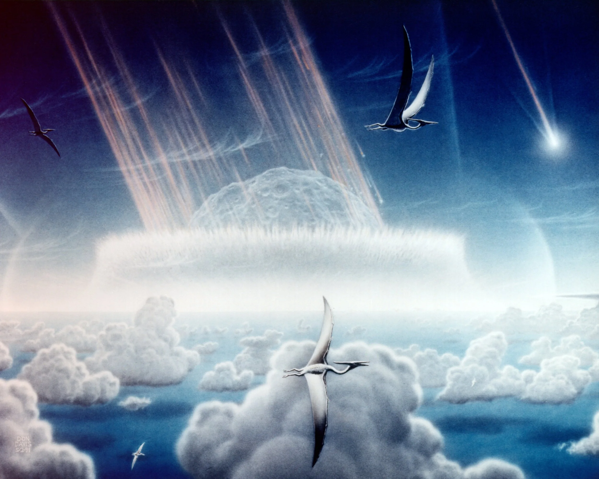 Representación artística del impacto del meteorito Chicxulub, en la península de Yucatán, hace 65 millones de años.