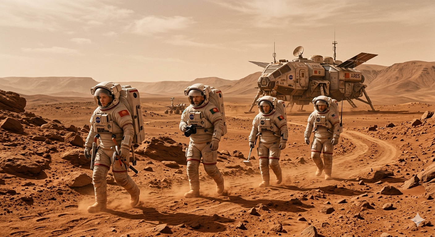 Imagen futurista de un grupo de astronautas exploranso la superficie de Marte en una misión tripulada futura, tras un aterrizaje rápido que reduciría drásticamente los tiempos de viaje entre la Tierra y el planeta rojo.