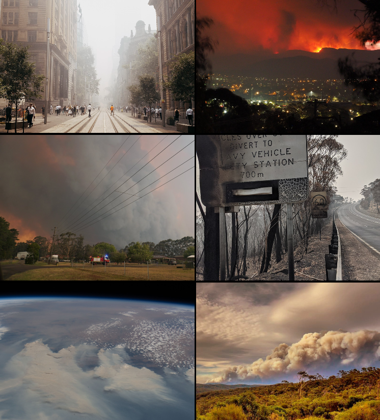 Montaje de imágenes de los devastadores incendios forestales que arrasaron Australia entre 2019 y 2020. El humo de los fuegos llegó hasta el Pacífico sur, donde alteró las propiedades de las nubes marinas.