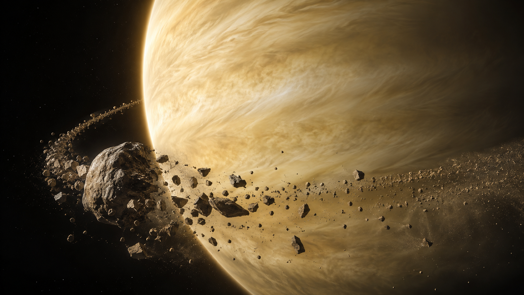 Recreación artística de la hipotética luna de Venus al cruzar el límite de Roche, la distancia crítica en la que las fuerzas de marea del planeta superarían la cohesión del satélite, lo fragmentarían y formarían un anillo efímero de escombros.