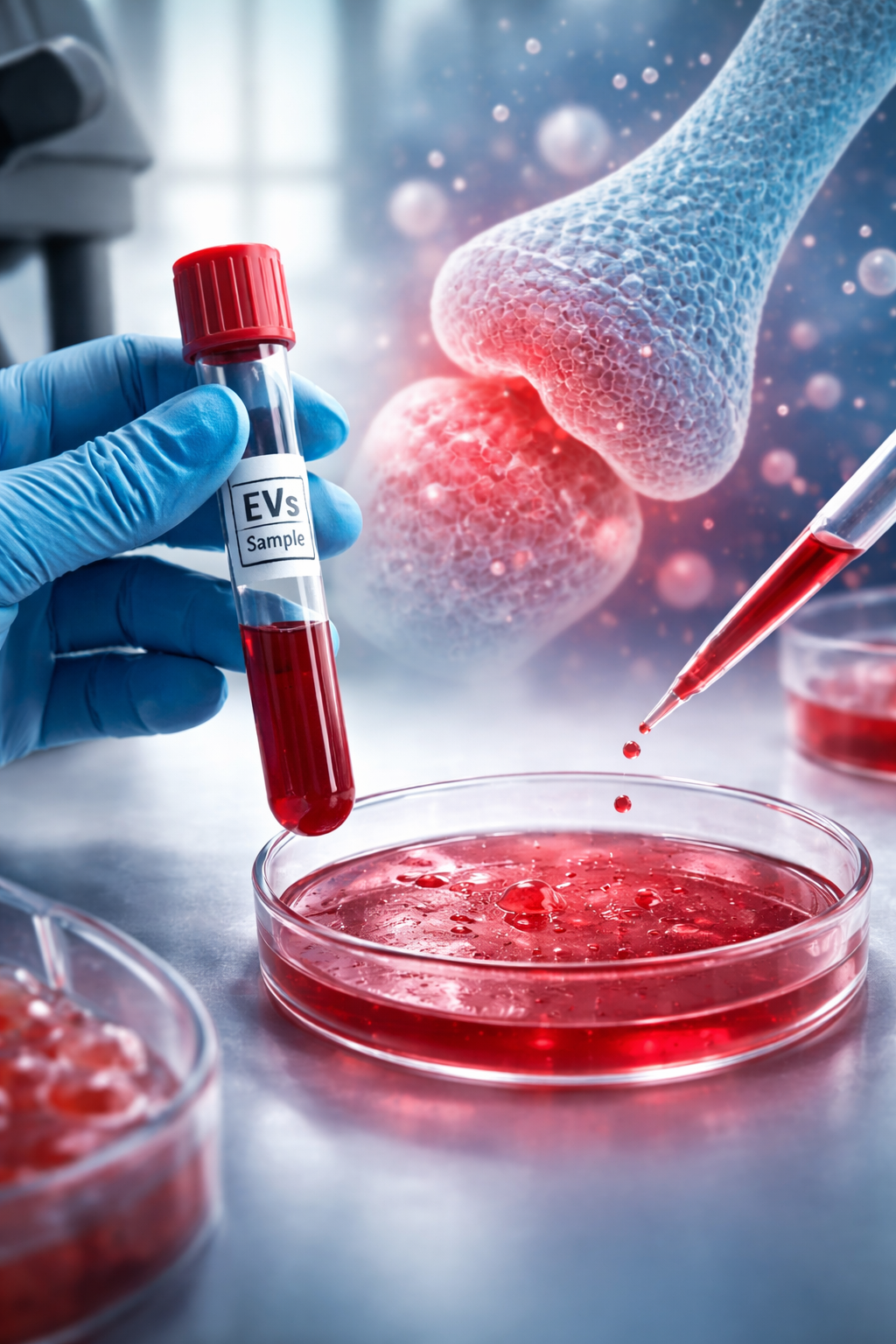 Placa de cultivo con estructuras celulares que evocan el cartílago: la investigación explora cómo las vesículas derivadas de la sangre menstrual pueden estimular su regeneración.