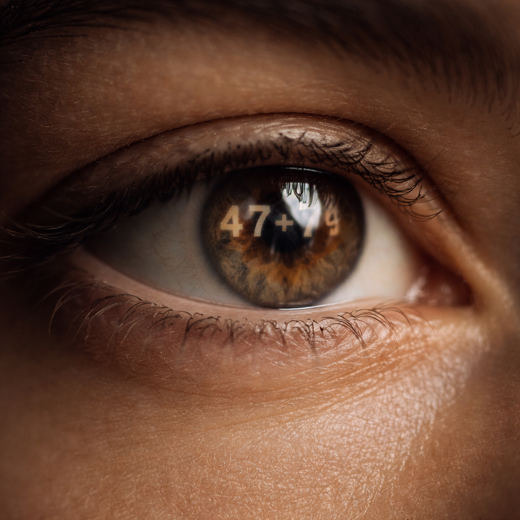 Primer plano de un ojo humano cuya pupila refleja una operación matemática: la dilatación pupilar revela cómo el cerebro empieza a anticipar el resultado antes de tener todos los datos.
