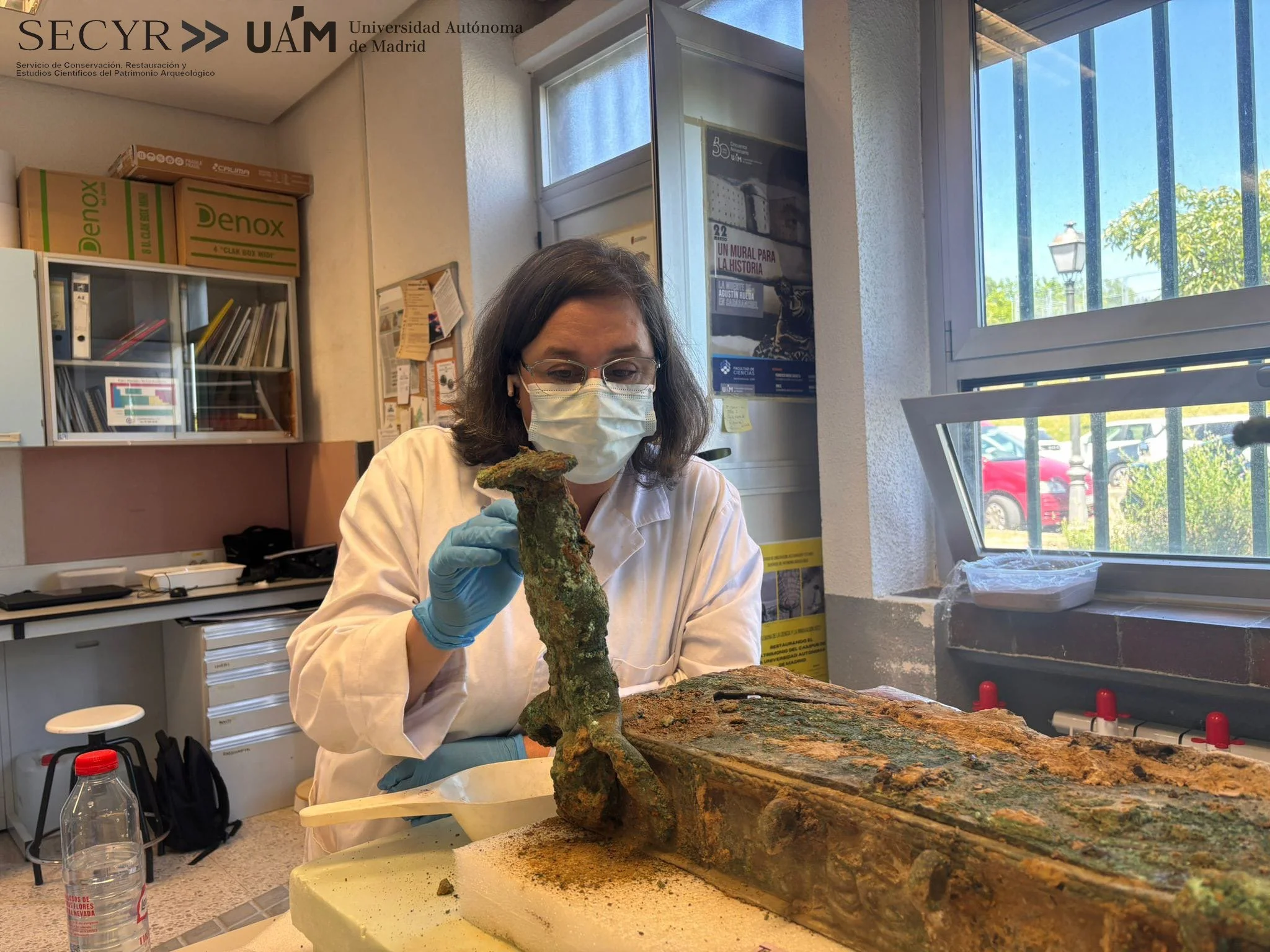 Una especialista del Servicio de Conservación y Restauración de la Universidad Autónoma de Madrid examina uno de los extremos decorados del carro de bronce hallado en Casas del Turuñuelo.