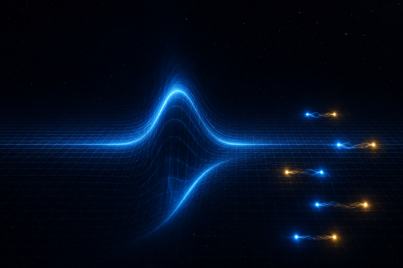 Representación conceptual de un pulso gravitatorio que deforma temporalmente el espacio-tiempo. Aunque la geometría recupera después su estado inicial, el vacío cuántico conserva la huella del cambio en forma de pares de partículas.