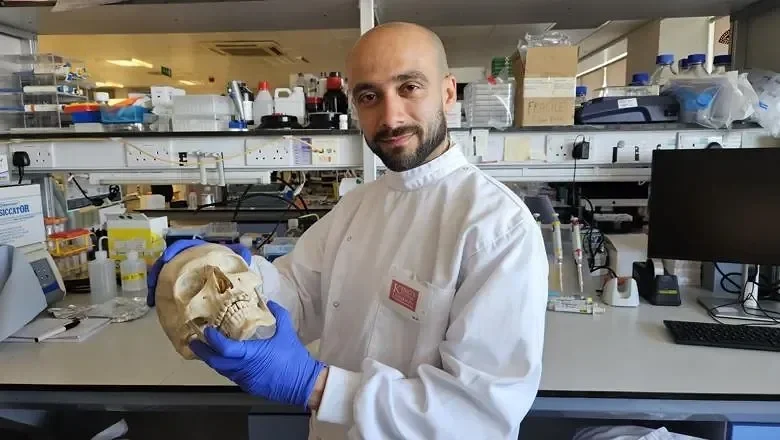 El investigador Sherif Elsharkawy sostiene un cráneo humano en su laboratorio, donde estudia el uso de queratina derivada de lana como nuevo biomaterial para la regeneración ósea.