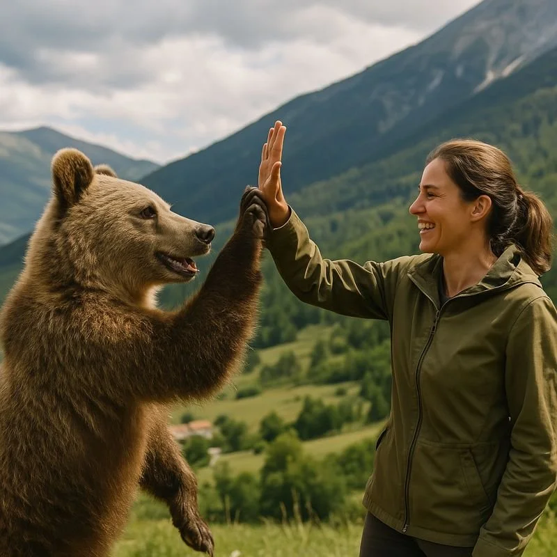 Una mujer y un oso pardo se chocan los cinco”en los Apeninos italianos, una imagen que ilustra cómo siglos de presión humana han favorecido la adaptación de estos animales a una coexistencia menos conflictiva con las personas.