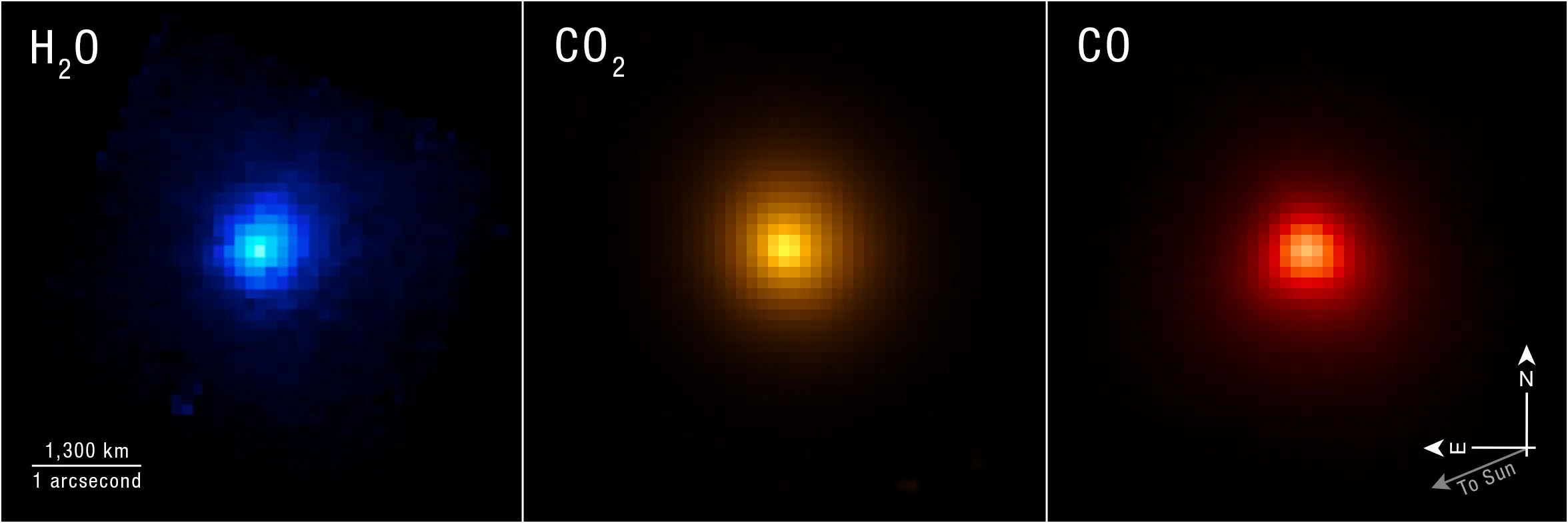 Las observaciones del telescopio espacial James Webb revelan la distribución de agua (H₂O), dióxido de carbono (CO₂) y monóxido de carbono (CO).