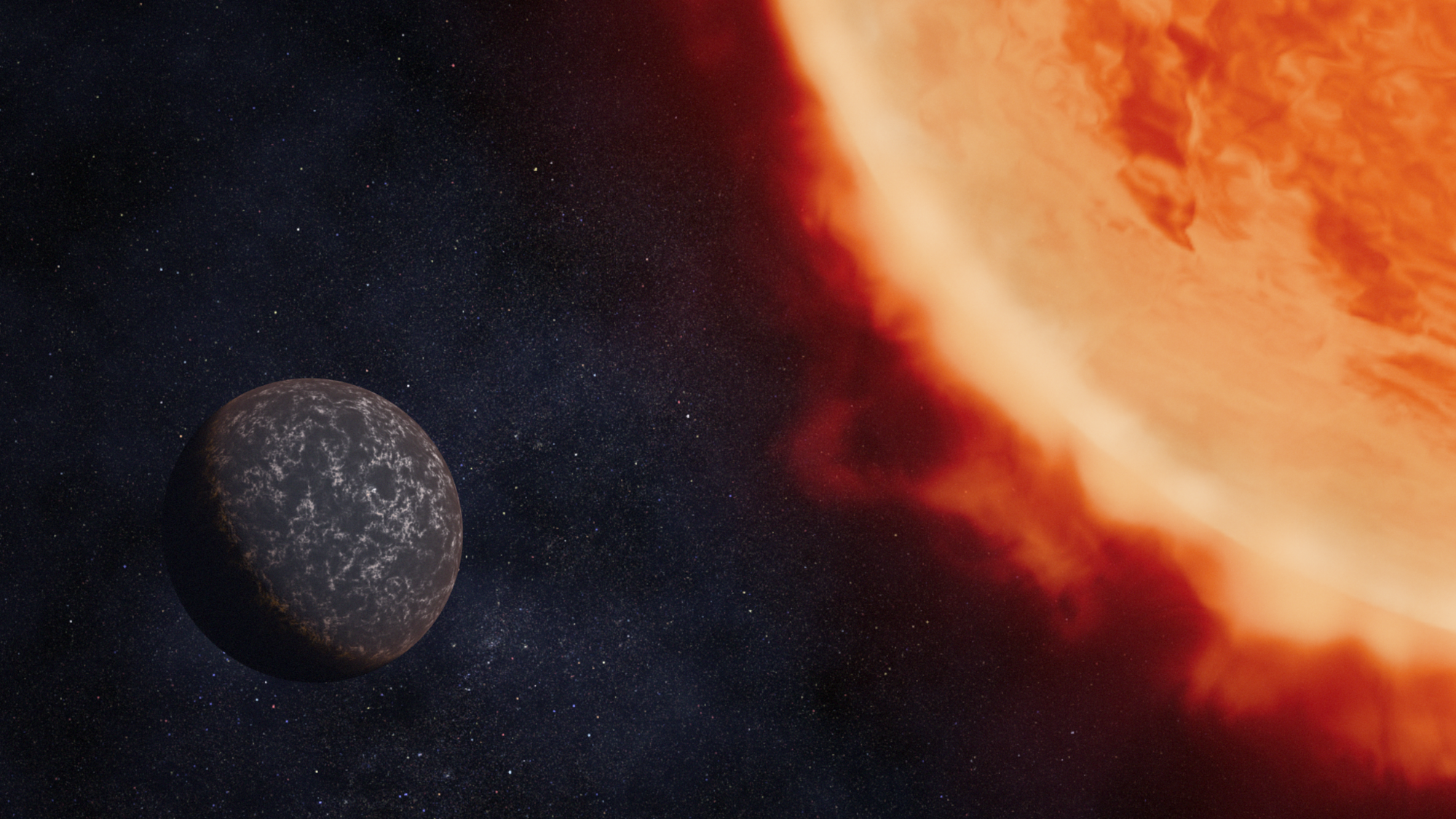 Ilustración del exoplaneta LHS 3844 b orbitando muy cerca de su estrella enana roja.