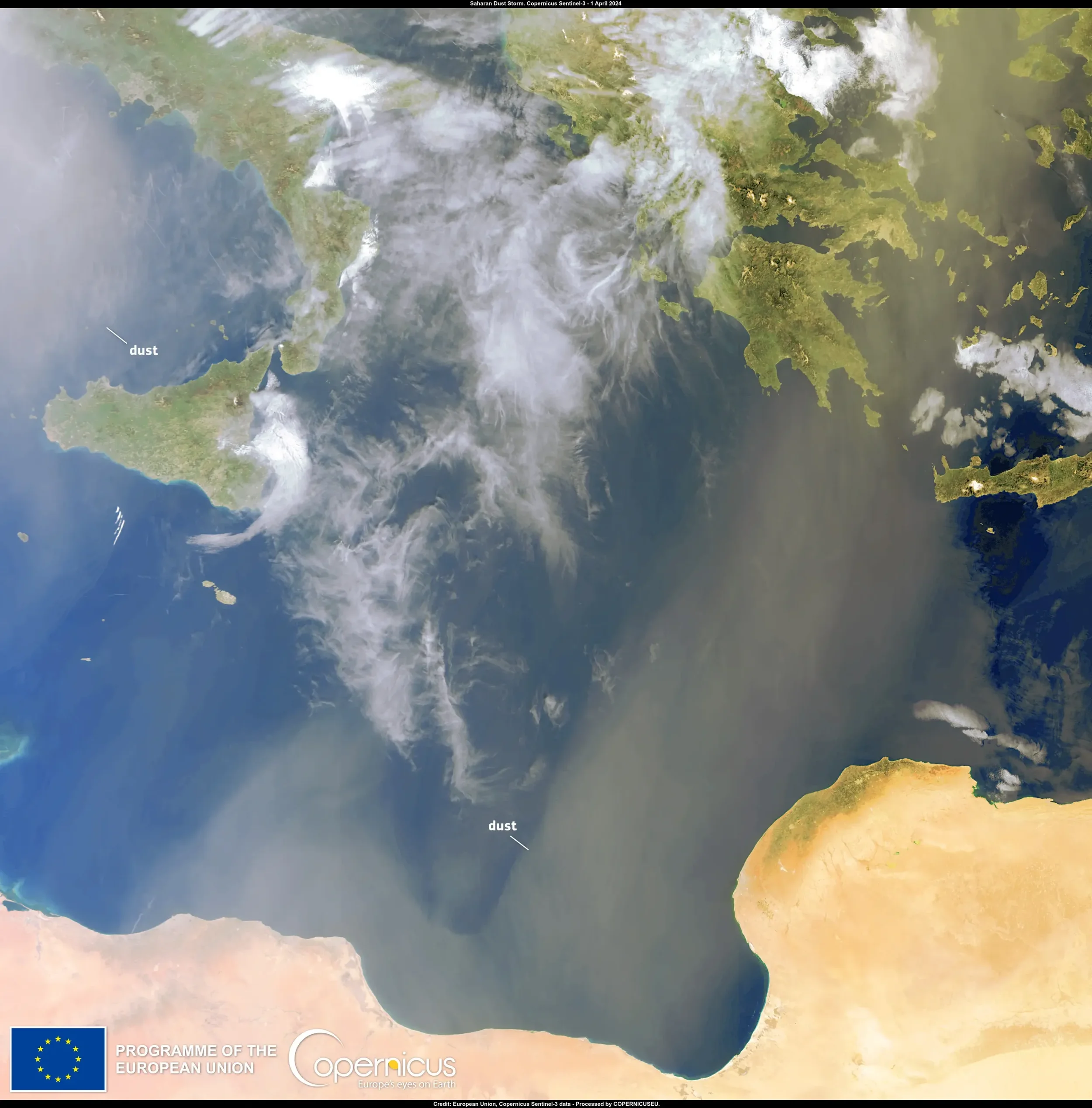 Una extensa nube de polvo sahariano cruza el Mediterráneo en esta imagen captada por el satélite Copernicus Sentinel-3 el 1 de abril de 2024.