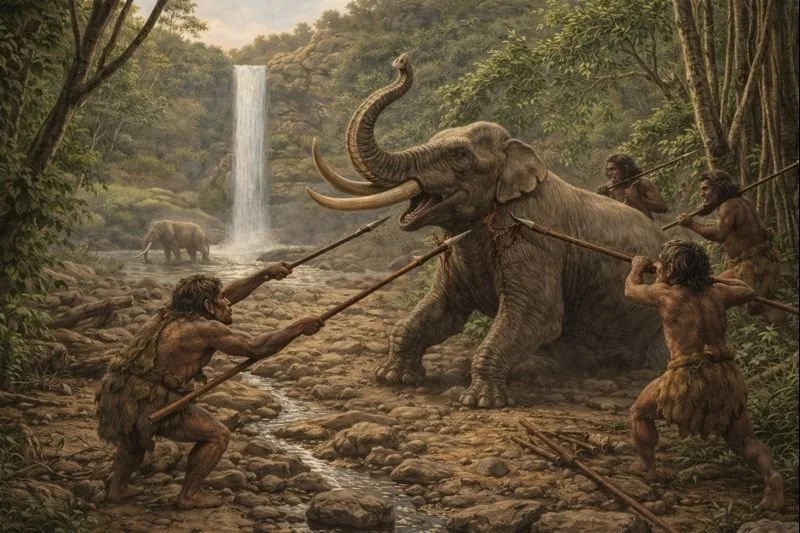 Reconstrucción paleoartística de un grupo de Homo floresiensis dando caza a un Stegodon florensis insularis en la isla de Flores.