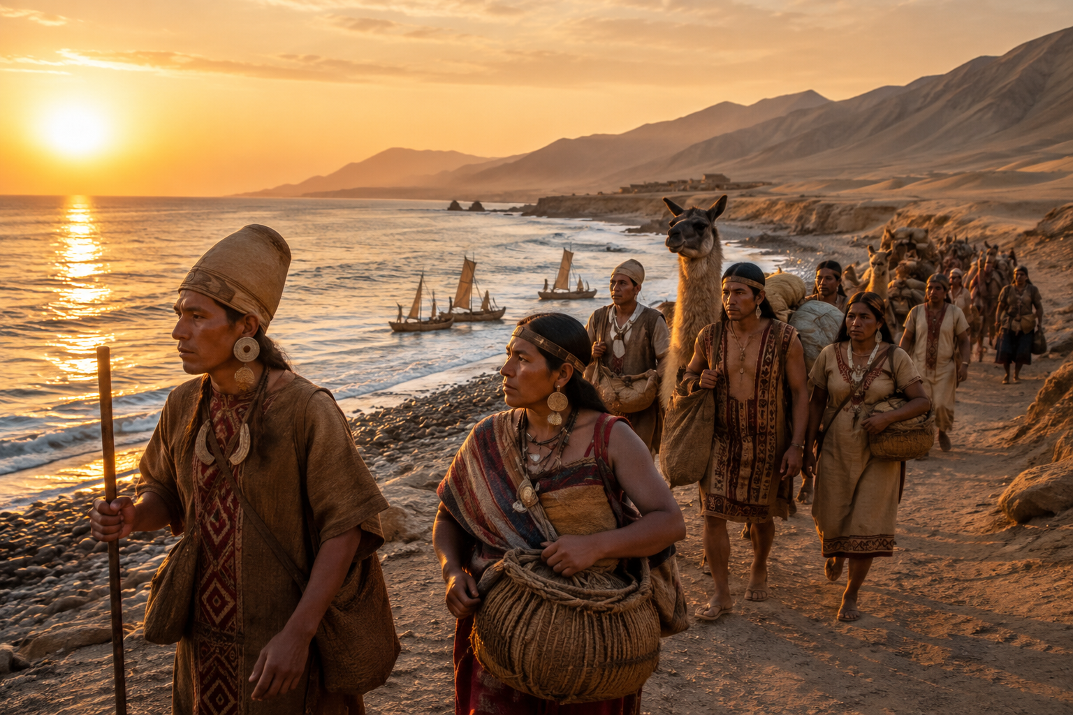 Recreación artística de una caravana de comerciantes y migrantes recorriendo la costa del Pacífico peruano siglos antes del Imperio inca.