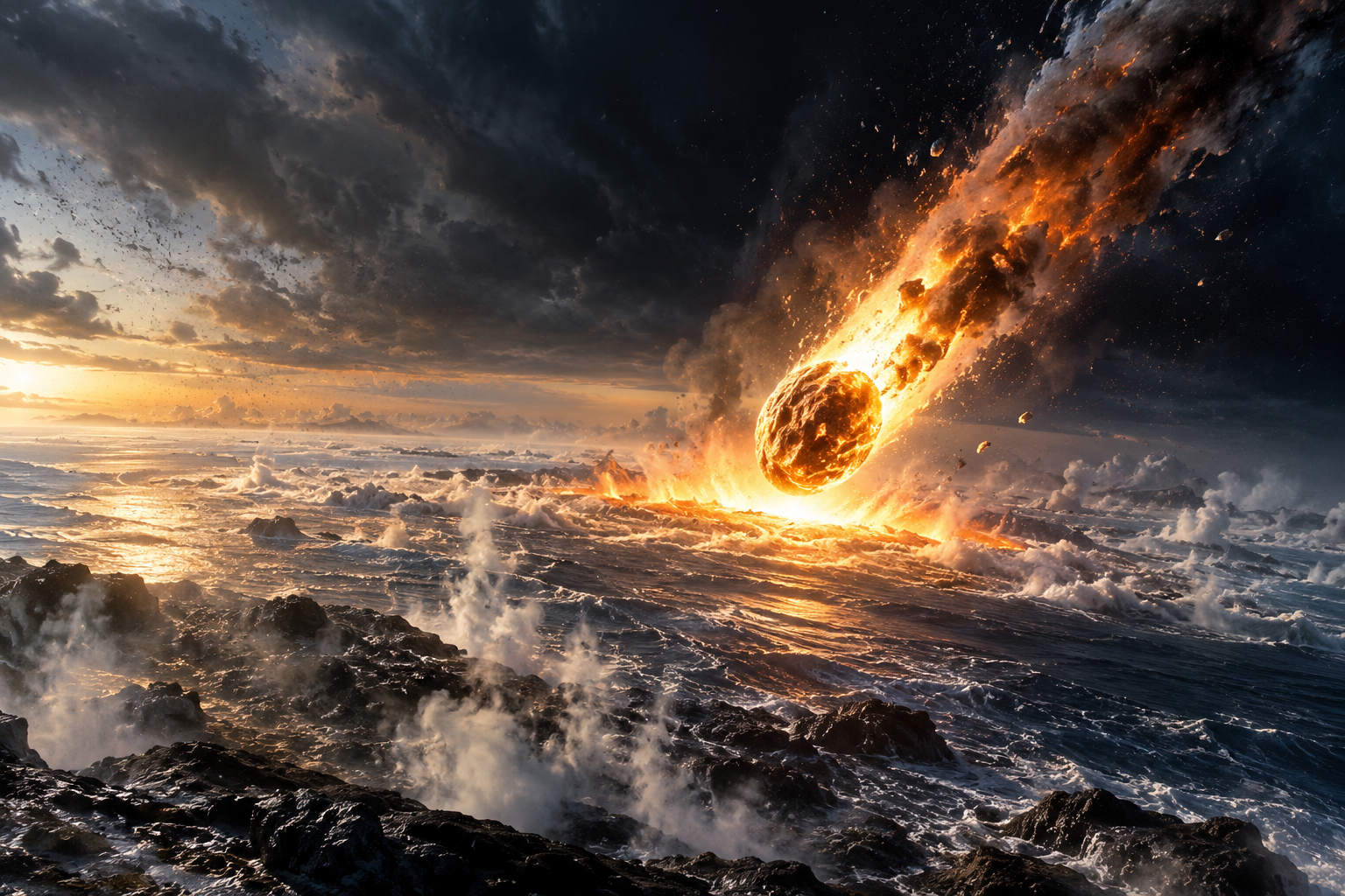 Recreación artística del impacto de un cometa contra la Tierra primitiva, hace miles de millones de años, cuando pudieron llegar a nuestro planeta moléculas esenciales para la vida.