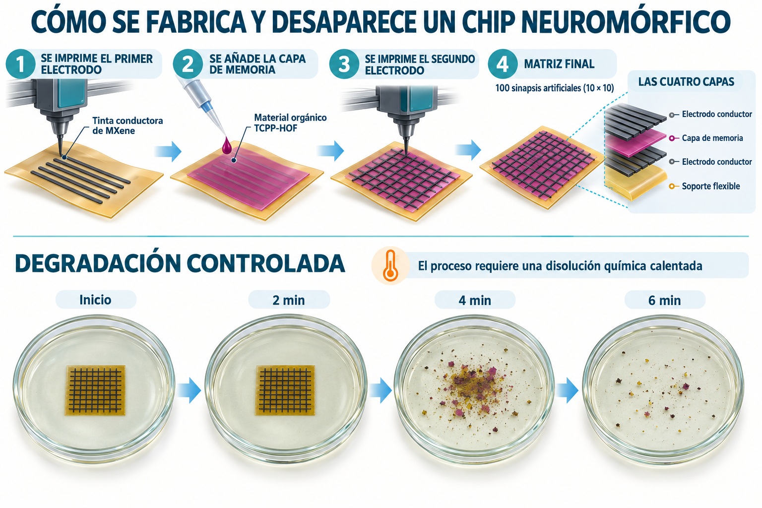 La infografía muestra cómo se fabrica el chip neuromórfico mediante la impresión sucesiva de sus capas conductoras y de memoria, hasta formar una matriz de cien sinapsis artificiales.