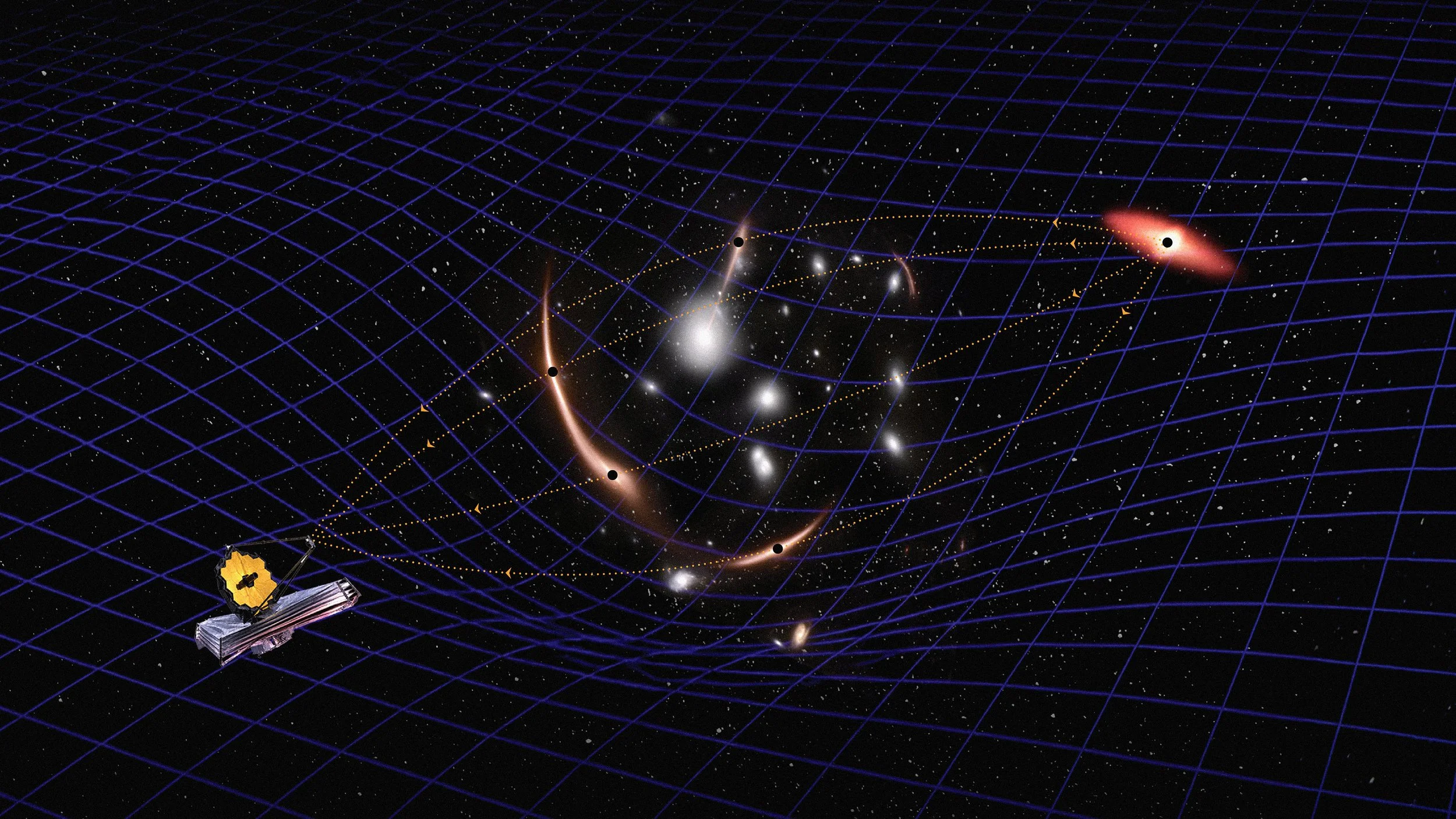 Esta ilustración muestra cómo el telescopio espacial James Webb y el efecto de lente gravitatoria actúan conjuntamente para amplificar la luz de galaxias extremadamente lejanas.