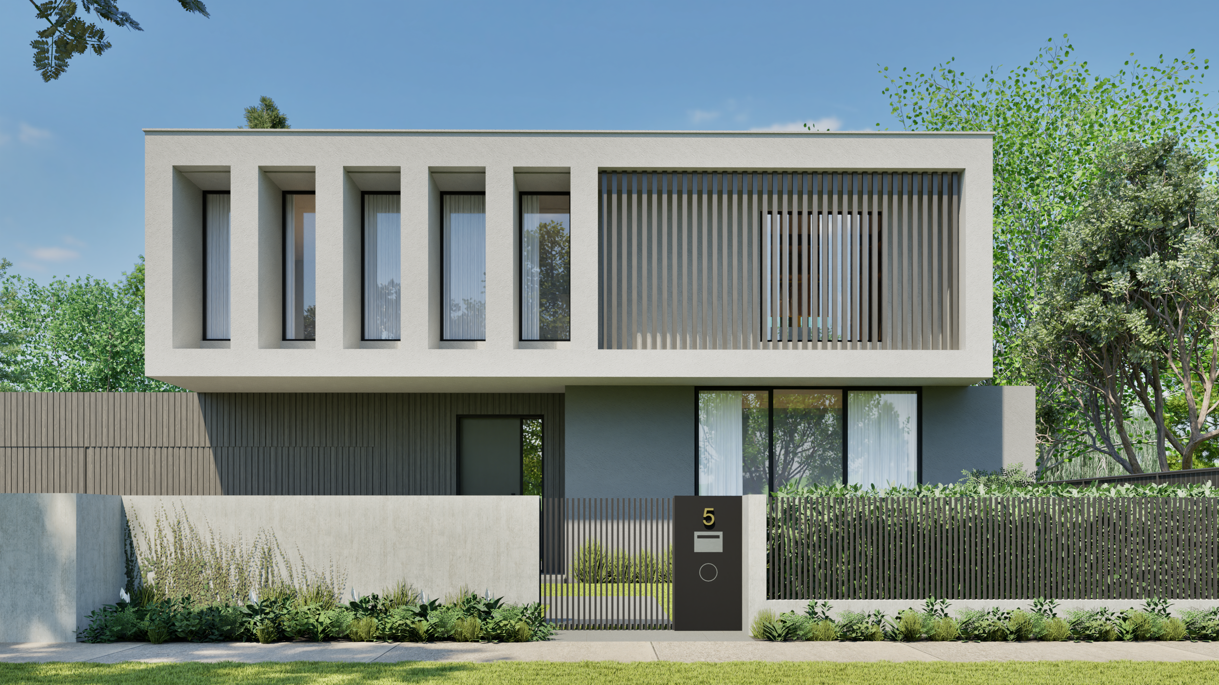 Modern two-story house with large windows and vertical slats on the upper level, surrounded by greenery and a low fence with a gate displaying the house number 5.