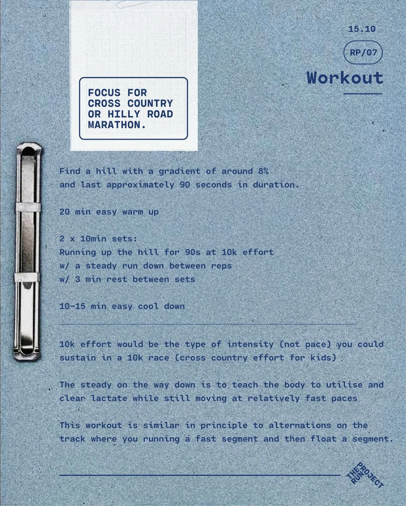 Workout of the week

How can we take a standard hill workout and change the stimulus to be more specific to a hilly cross country circuit or even hilly road race?

When most people think hill repeats they run as hard as they can up the hill (think V0