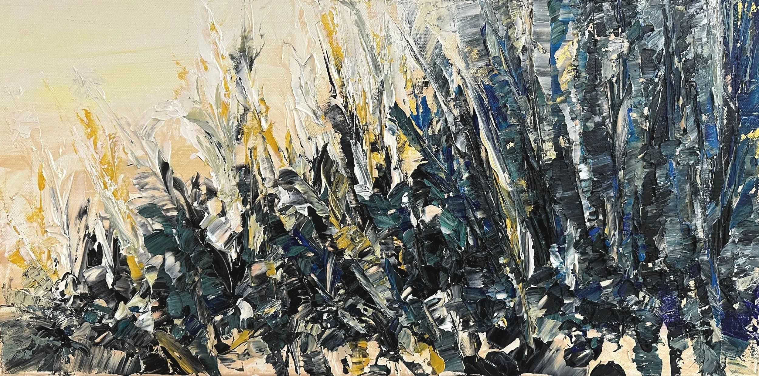 BETWEEN THE LEAVES II (2023) Acrylics and textured paste on canvas. 30 x 60cm Original NFS. Limited archival-grade prints signed by artist available.