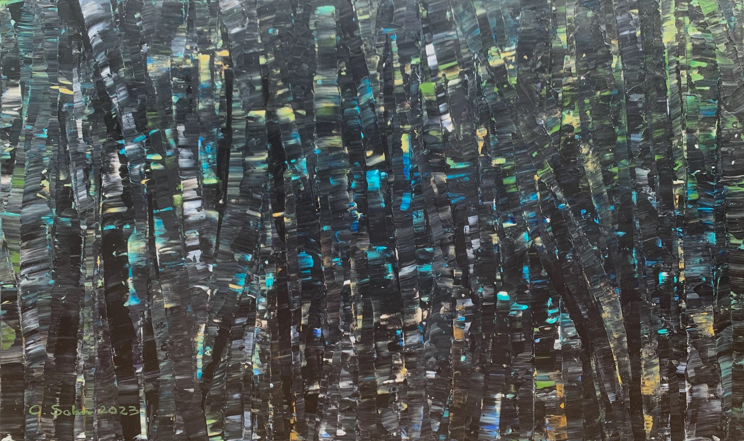 MOVING REFLECTIONS ON PACIFIC HWY (2023) Acrylics, gesso, pouring medium on canvas. Framed 95 x 155cm NFS. 
