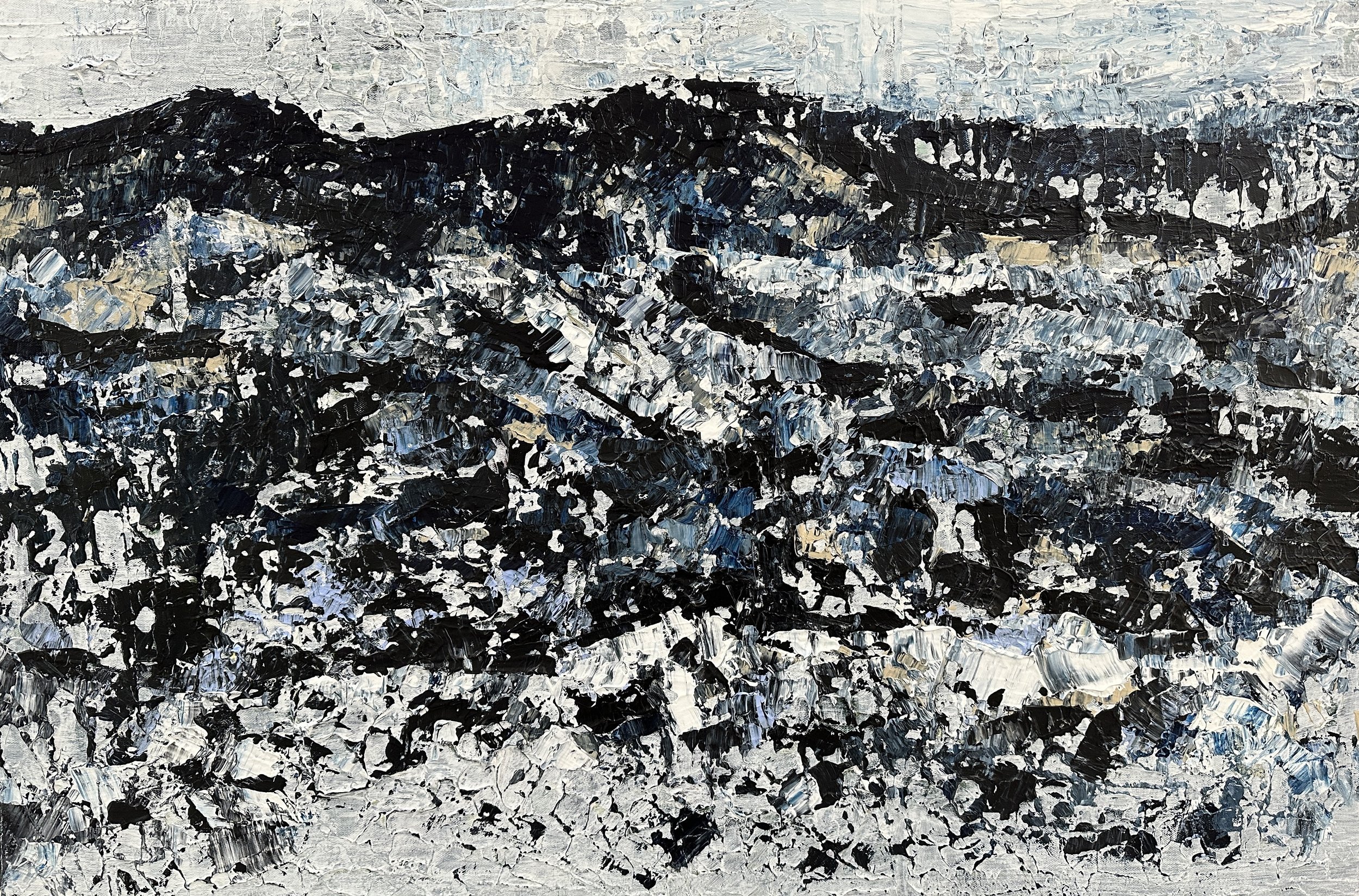 IT'S IN THE HILLS (2023) Texture paste and acrylics on canvas. 60 x 90cm Original NFS. Limited archival-grade prints signed by artist available.
