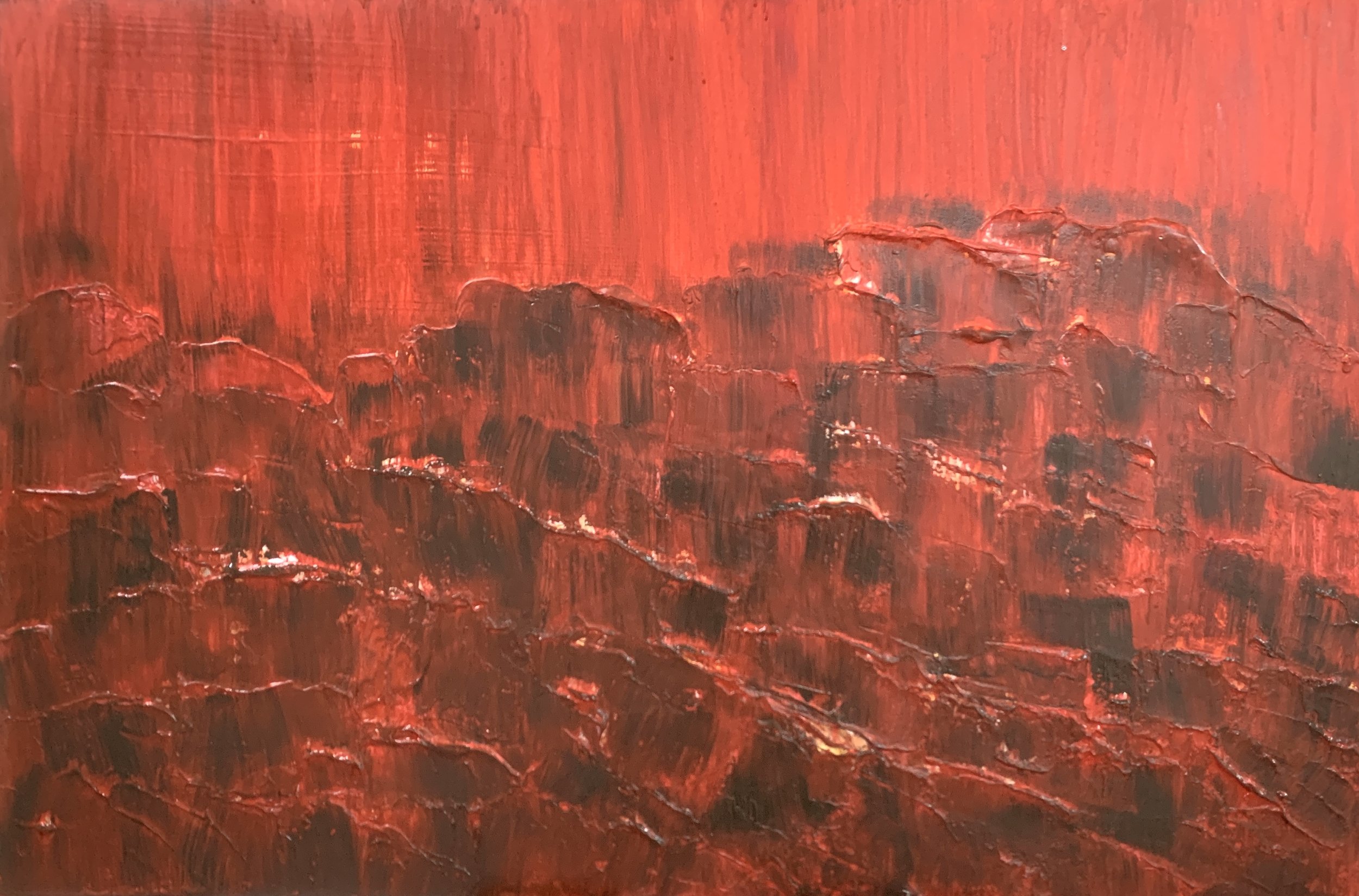 BURNING UP (2023) Acrylics, texture paste on canvas. 60 x 90cm. Acknowledging losses suffered across S/SE Asia during the 2023 Heat Wave NFS