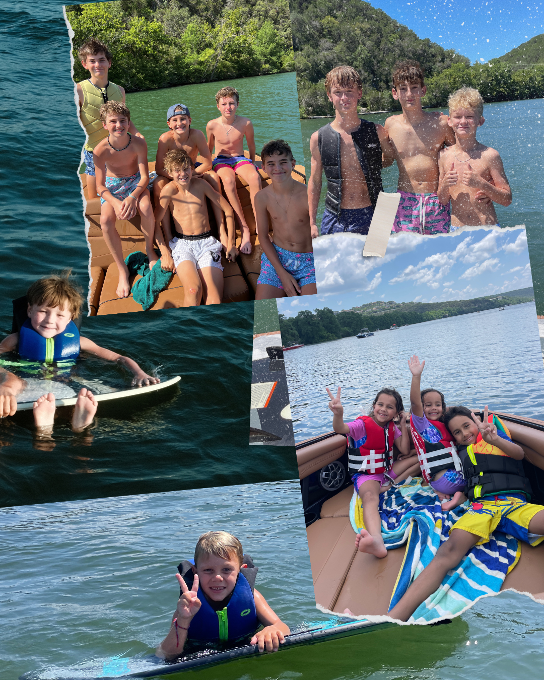 Kids participating in wake surfing summer camp near Austin, Texas