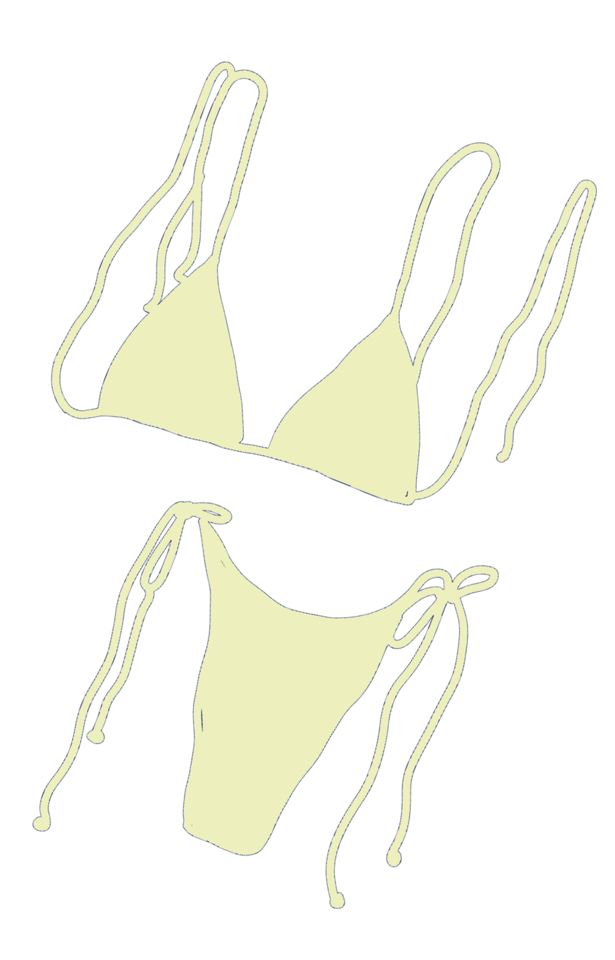 Line drawing of a two-piece bikini swimsuit with ties on the sides of the bikini bottoms and at the shoulders of the bikini top, depicted in a minimalist style on a black background.