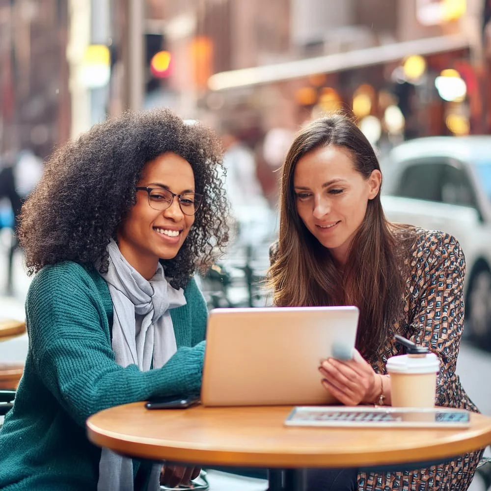 Two freelancers using a laptop in a cafe to invest in a Solo 401(k)