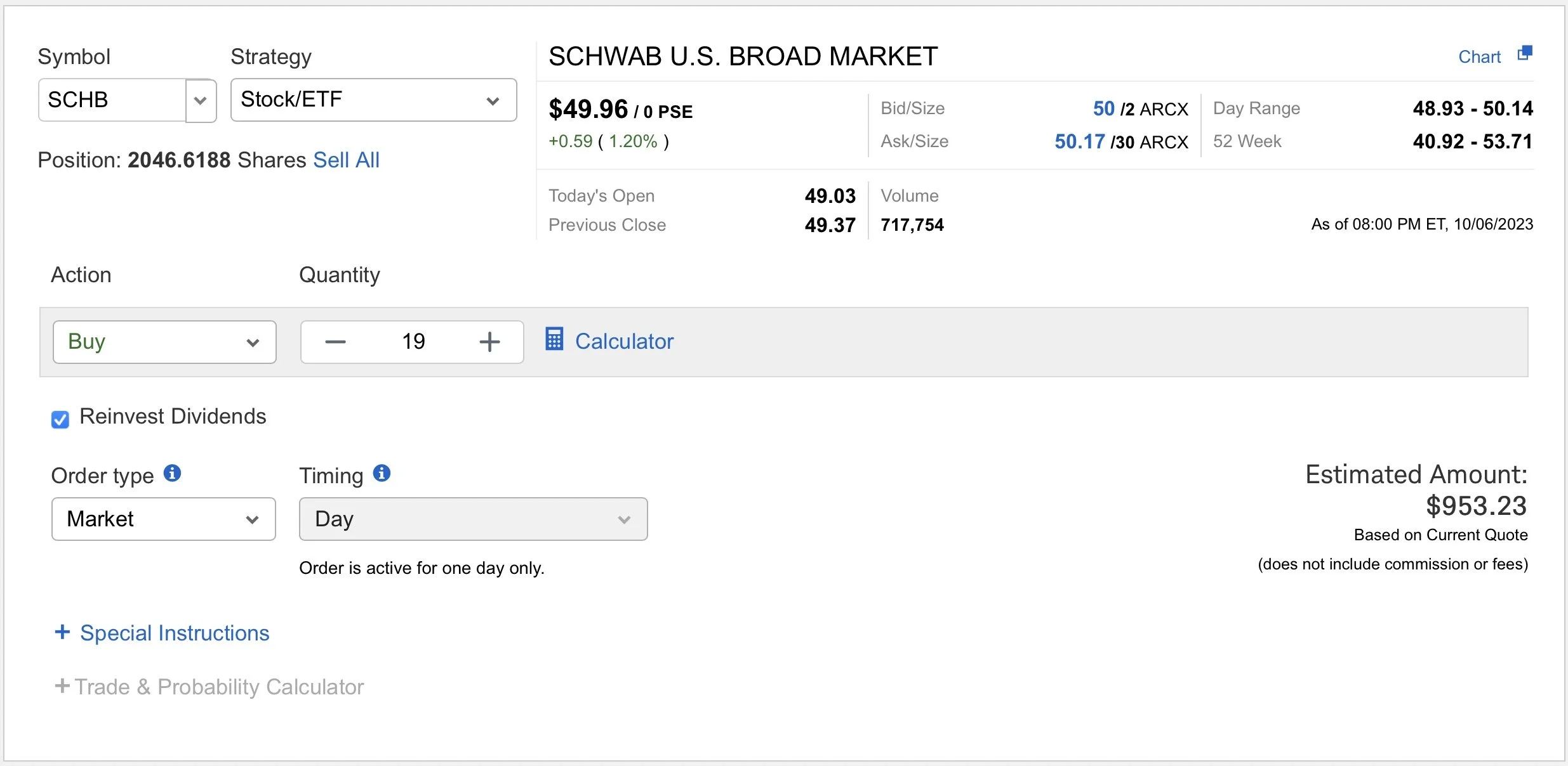 Screenshot of a stock trading platform for SCHWAB U.S. Broad Market stock, showing current price at $49.96, with options to buy 19 shares, and an estimated total amount of $953.23.