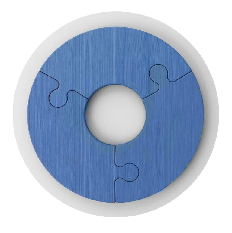 A circular blue wooden puzzle with four interlocking pieces, placed in a white circular frame.