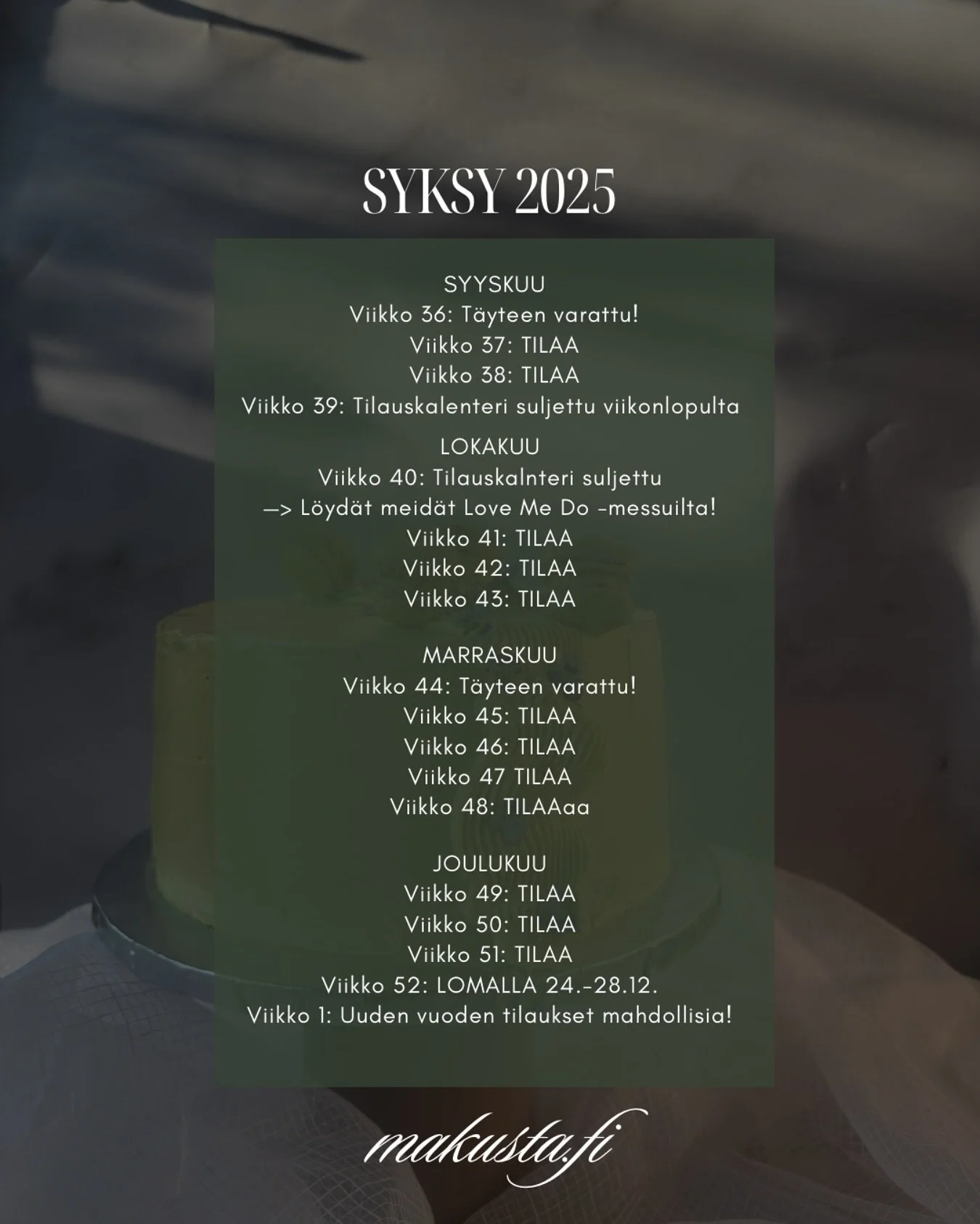 Syksy 2025 🍂
Kiitos kes&auml;n asiakkaille 🩷 Katse siirtyy kohti syksy&auml;, mutta h&auml;&auml;kakut jatkuvat lokakuulle saakka. Ihania viel&auml; tulossa!

Syksyll&auml; on viel&auml; hyvin tilaa tilauksille. Syys-lokakuussa muutama viikonloppu 