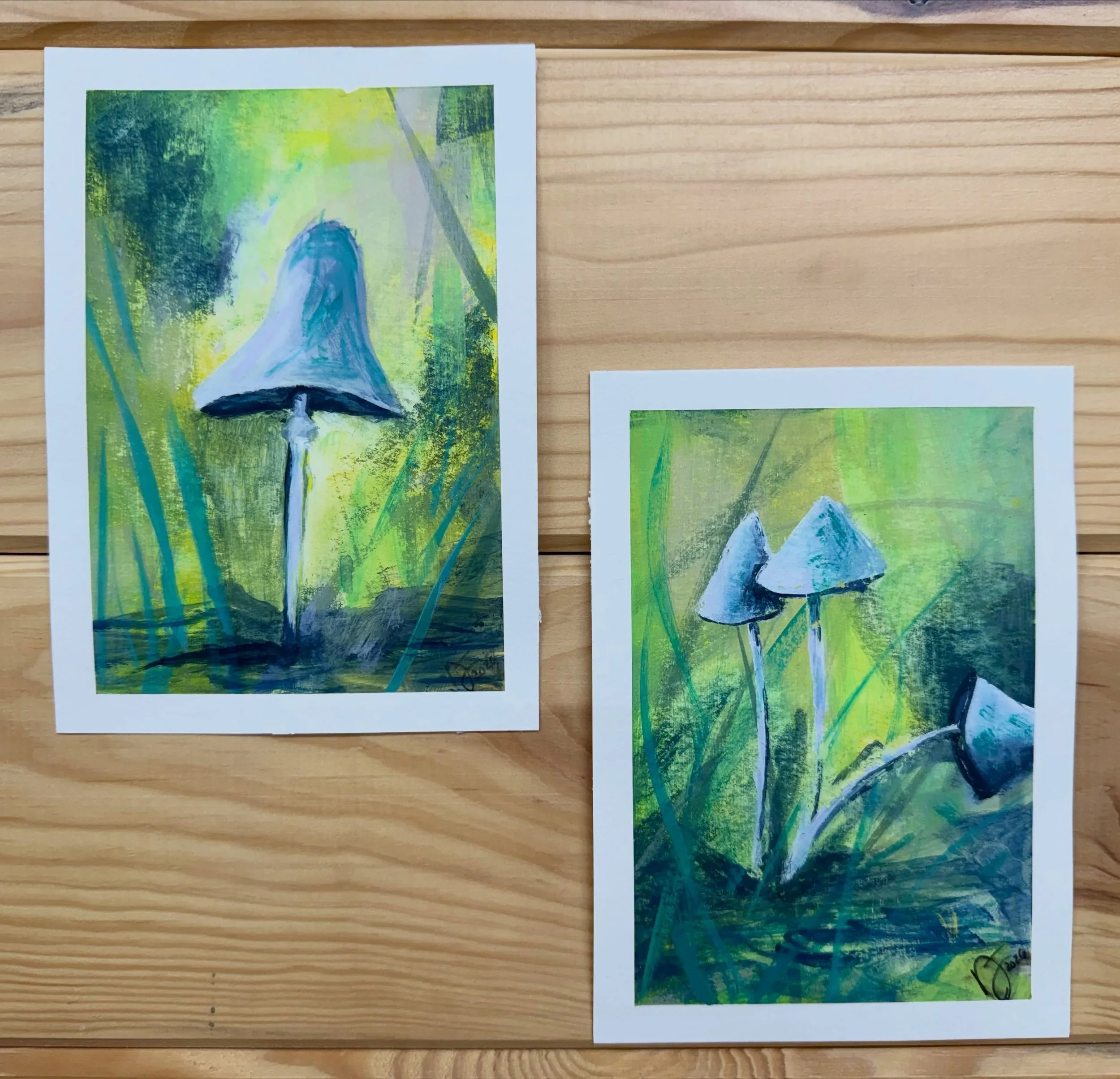 Inspired by my walk the other day - so many little white mushrooms.
Whimsical Mushrooms - on 5x7 mixed media paper with gesso base and sealed with gel medium (set of two $40.00 - original 1 set available) 

#originalart #painting #create