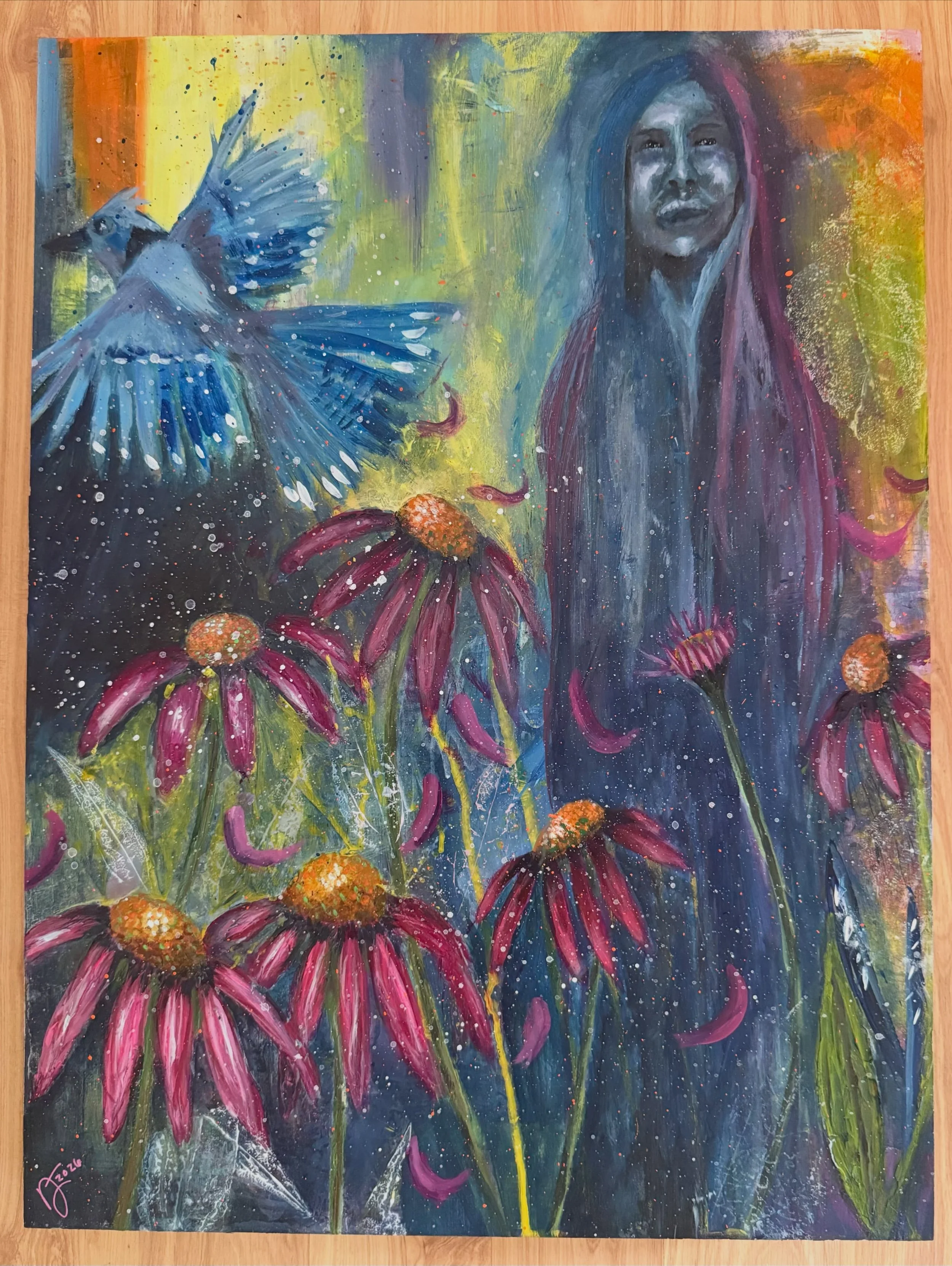 Calling this one &lsquo;Threshold&rsquo; &mdash; caught in the in-between. Is she a figment of my imagination, or does she really exist in another realm, watching the blue jay and admiring the coneflowers just beyond her? 

#coneflower #painting #bet