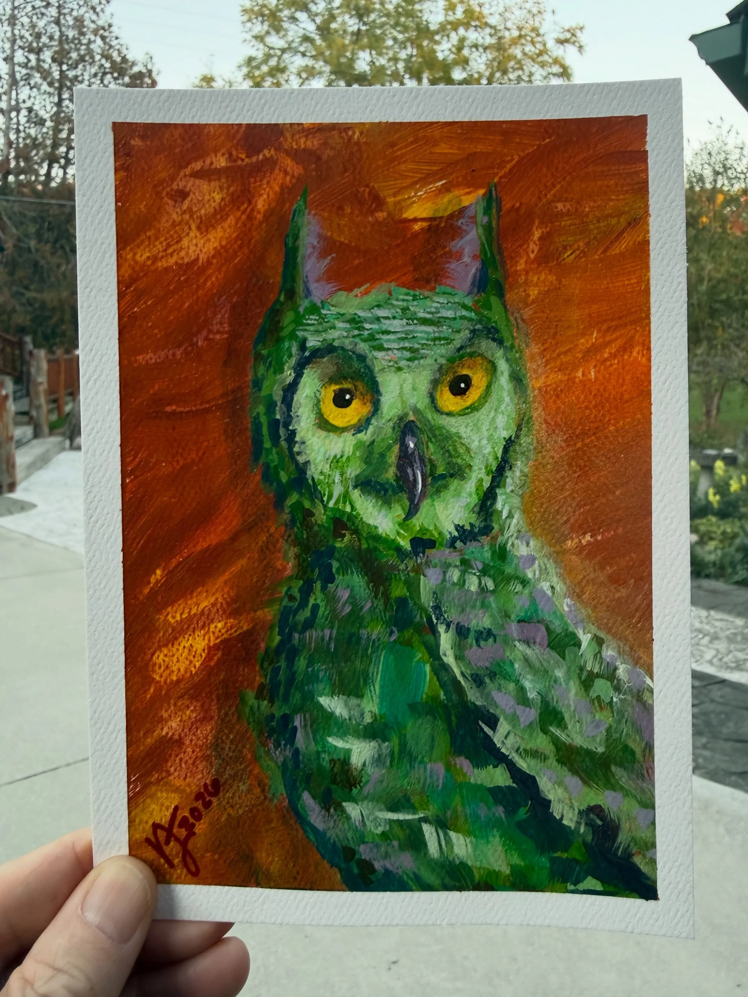 Post 4 of 100 mini artworks for auction 

With autumn comes the fall vibes and I have been feeling the owl energy lately! 🦉 Hoot! Hoot!

October 2, 2026 
&ldquo;Greenhorn&rdquo; (5&rdquo;x7&rdquo;)

Starting at $10, comment below your bids (this is 
