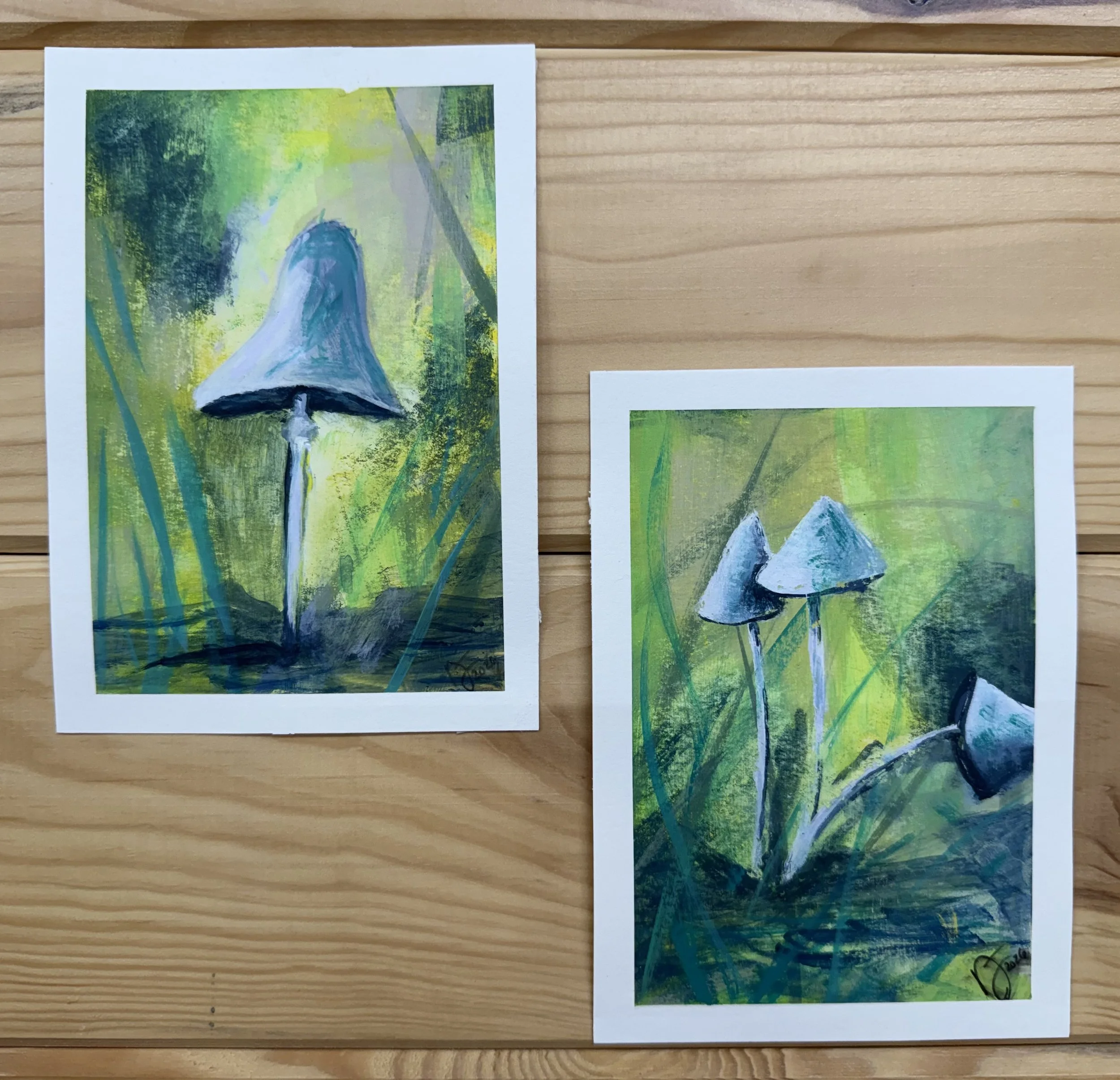 Abstract mushroom themed acrylic painting on mixed media paper. Set of 2, 5x7 original artwork.