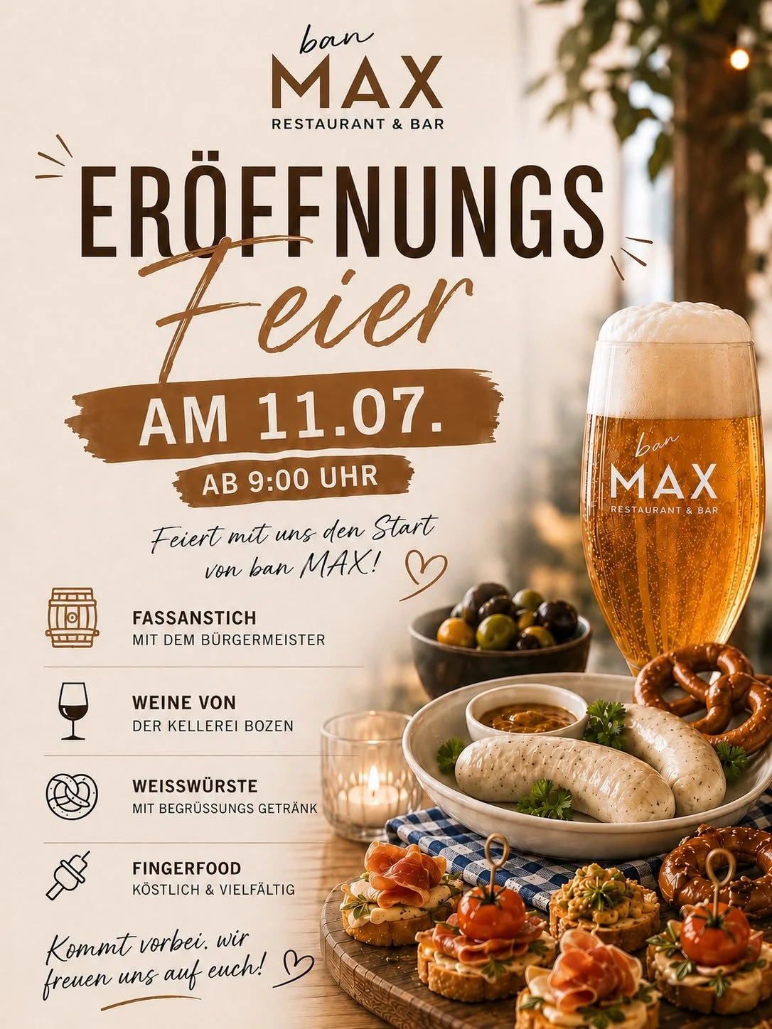 🎉 Er&ouml;ffnung! 🎉

Ab dem 08.07. begr&uuml;&szlig;en wir euch offiziell im BAN MAX Restaurant &amp; Bar.
Die gro&szlig;e Er&ouml;ffnungsfeier mit Segnung findet am 11.07 um 9:00 Uhr statt.

Freut euch auf einen festlichen Vormittag mit Segnung de