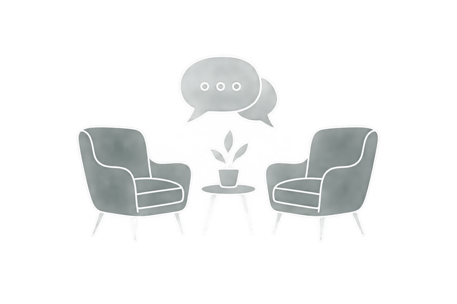 two chairs facing each other, a conversation bubble, or people around a table.