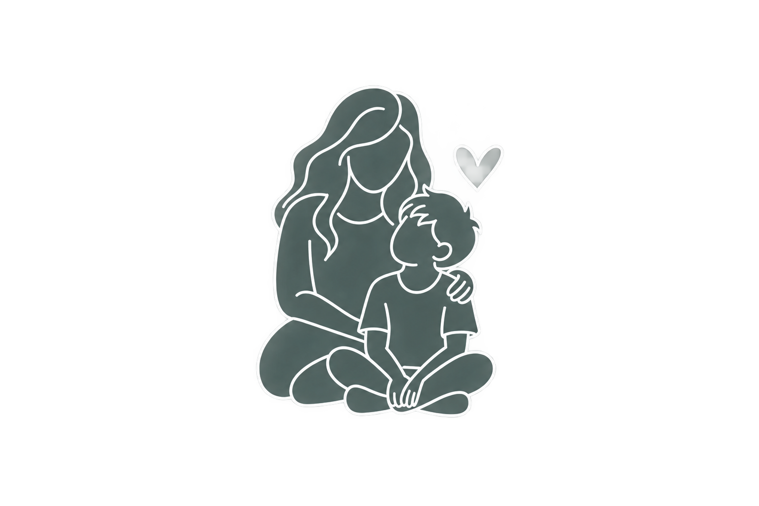 simple line drawing of a child and caregiver, two hands, or a home with a heart