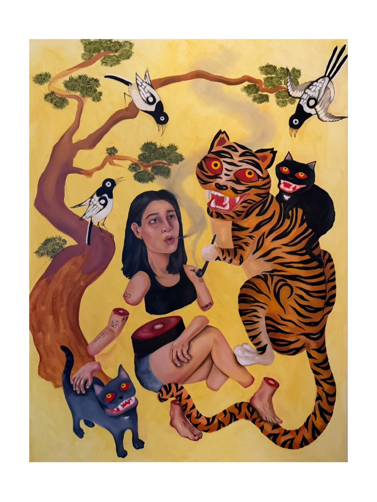 Smoking with Tigers (2025), oil on canvas, 36&rdquo;x48&rdquo;
🌸
Took me ~4 months to post this one on its own, she had to marinate in my camera roll for a bit&hellip;. But here it is, the product of my waterboarded introspection (i.e., first semest