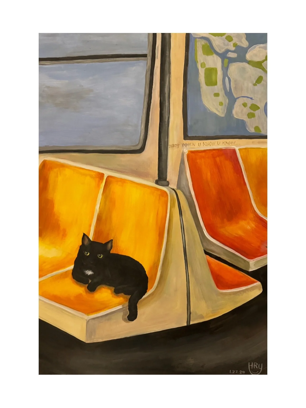 Edgar on the N (2024)
Acrylics on the back of a poster I found on the sidewalk :P 
-
Sharing this one because the snail mail club just got their copy in March&rsquo;s mail :&rsquo;) 
Dedicated to the NRWQ trains&hellip;. We r always beefing / they&rs