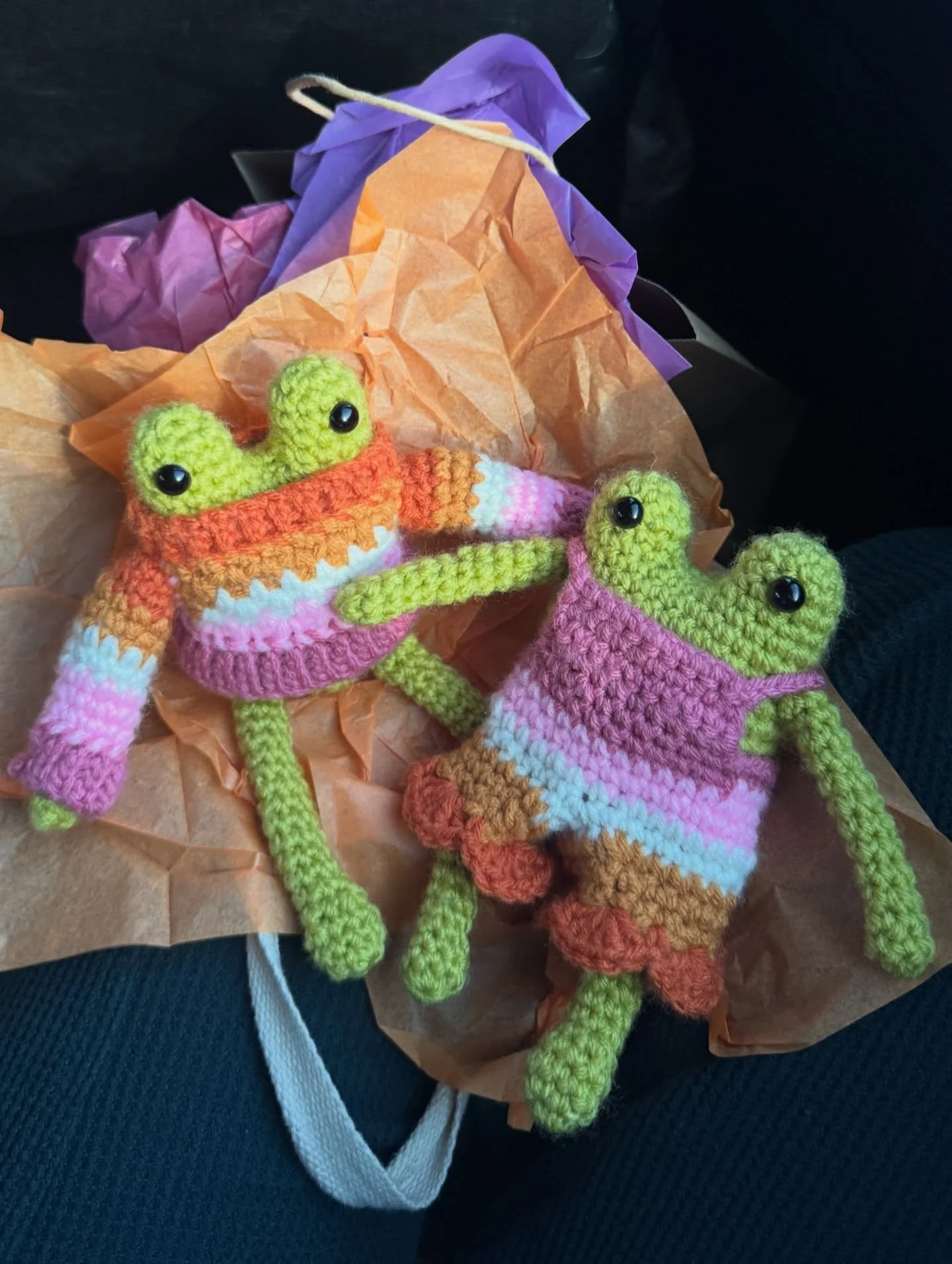 lesbian frogs for @emilyjmarquis birthday!! 🐸💐💞🧡
epic bus crochet sesh, right before an epic crafts &amp; PJs party (separate post to come)&hellip; patty and penny the pererecas!! <33 

#amigurumi #crochet #frogs #crochetfrog