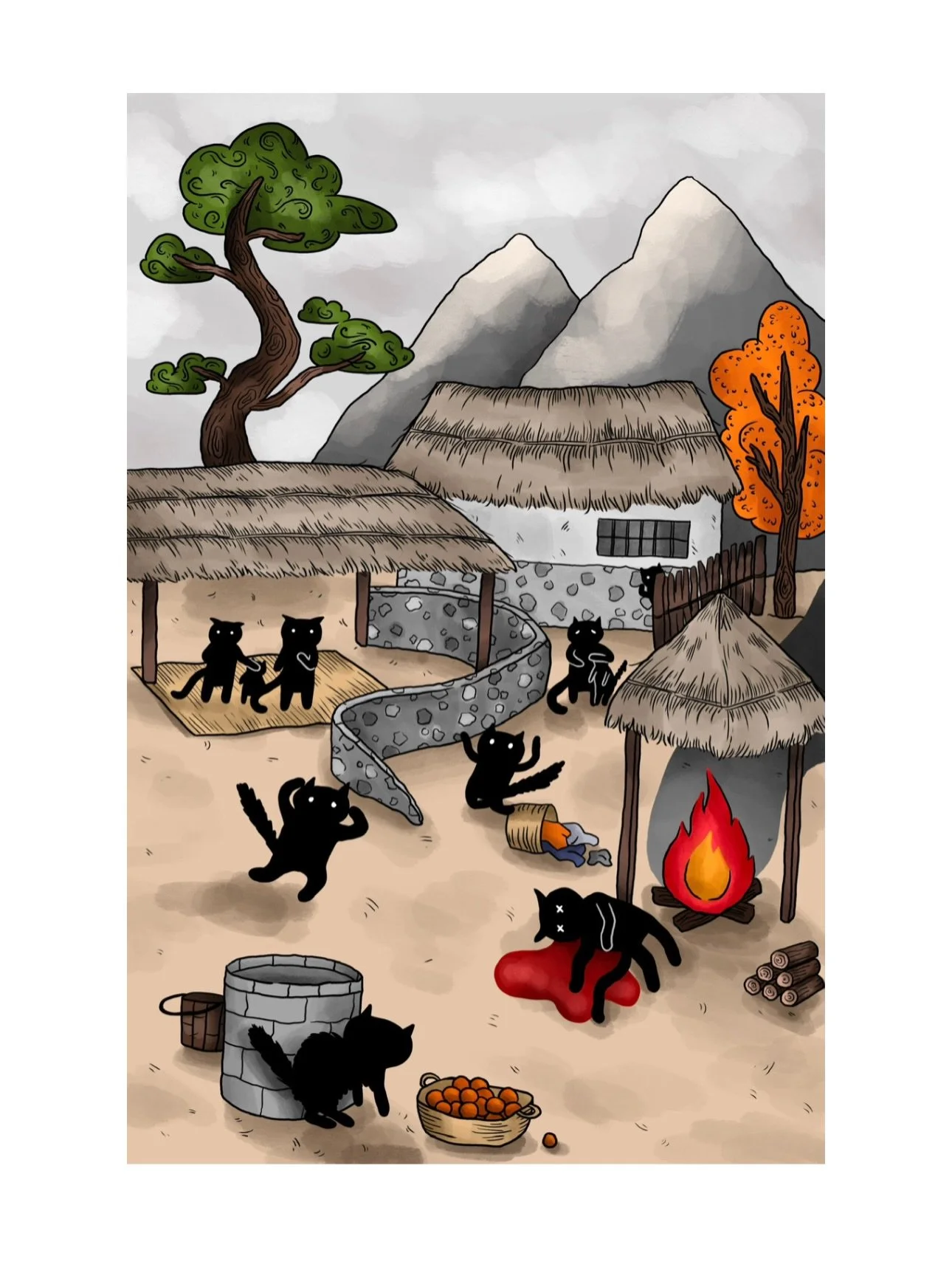 a korean cat village tragedy (2025)
digitally drawn (which means you can watch the whole thing!!! swipe to watch :) (also see as proof of anti ai </3) 

this baby was in the first ever edition of my snail mail art club (january helene.zip mail!!) 
