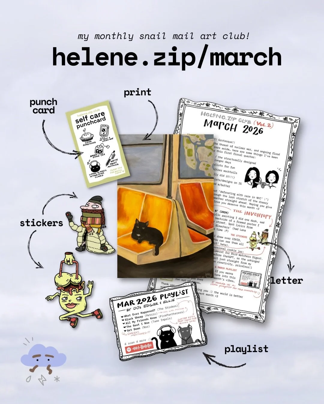 in uber belated fashion&hellip;. march.zip mail recap :&rsquo;)
theme: defrosting in NYC&hellip; before we all started sweating on and off for weeks in april 👹

❤️&zwj;🔥 sign-ups for May are open!! $9, link in bio :) 

#snailmail #printclub #nycart