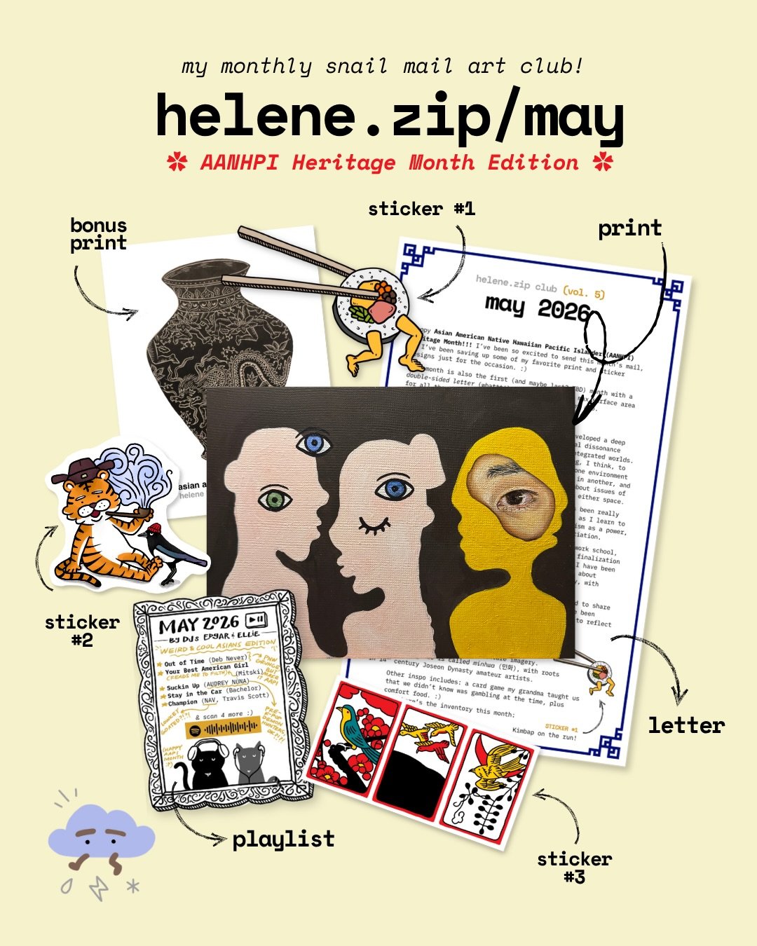 biiiig month for the snail mail club!!! (it&rsquo;s a very contemplatively-AANHPI time in our lives rn, duh.) 🪩🥢
had so much to say this month that i even added a silly lil commentary podcast to the playlist&hellip;&hellip; tune in to helene&rsquo;