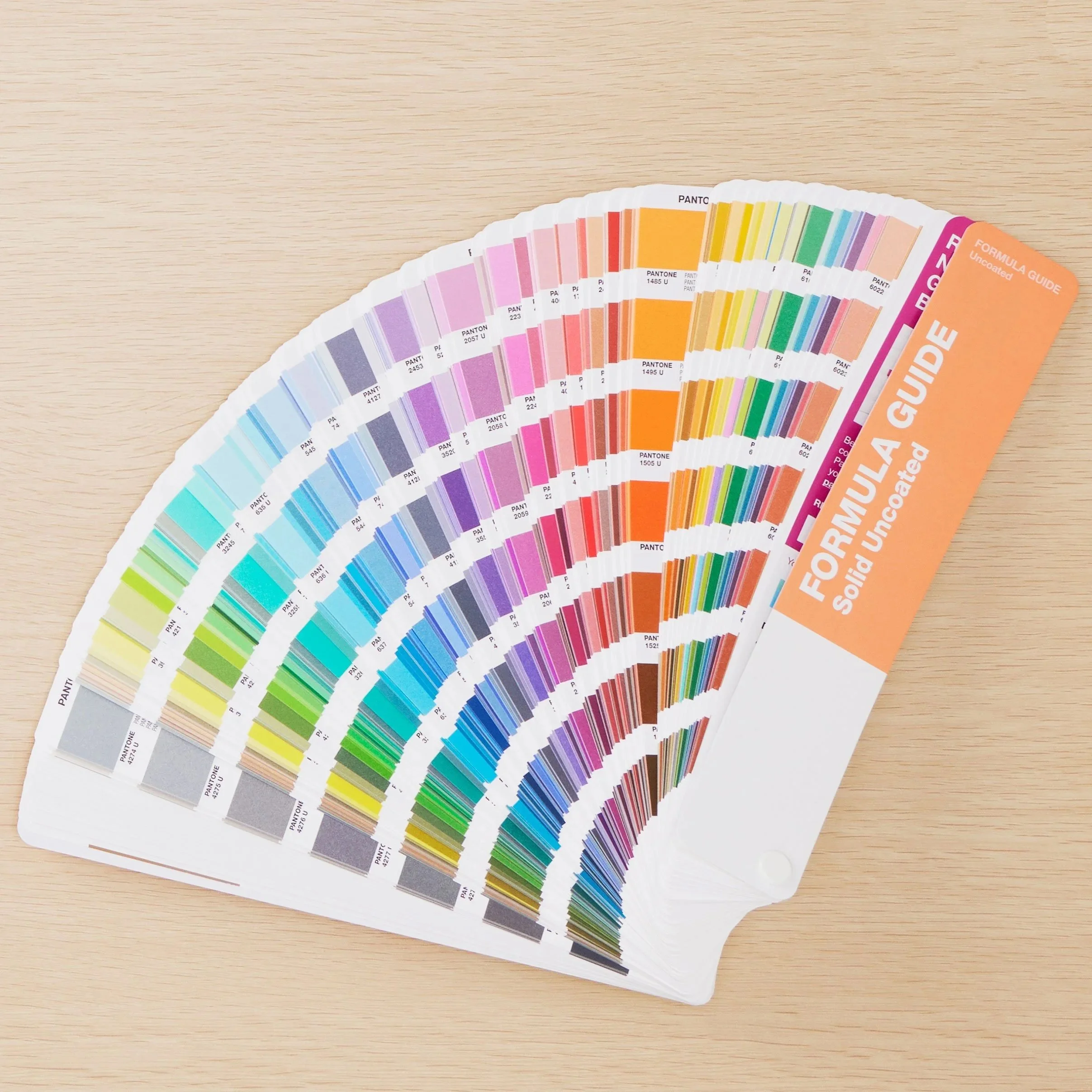 Pantone color swatches arranged in a fan for apparel color direction.