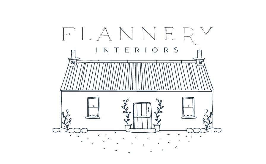 Line drawing of a house with the text 'Flannery Interiors' above it.