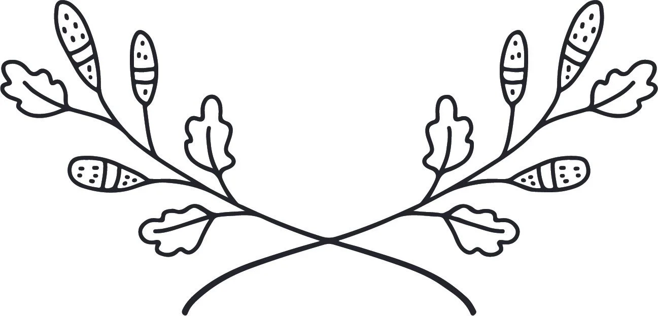 Black and white line drawing of two crossed branches with leaves and acorns.