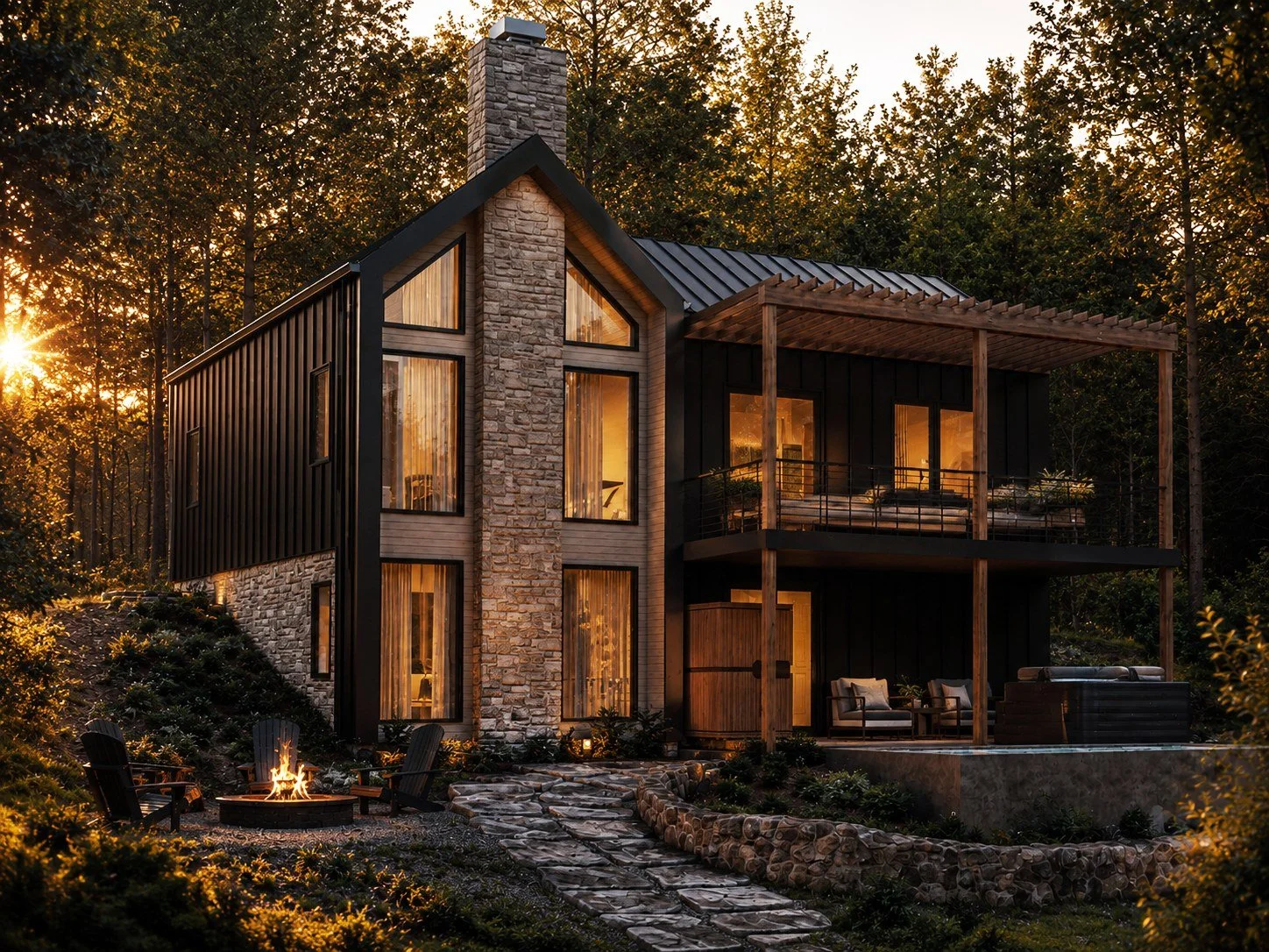 Rendering of a modern cabin with a stone chimney and fire pit on a wooded homesite at Cave Creek in Hocking Hills, Ohio