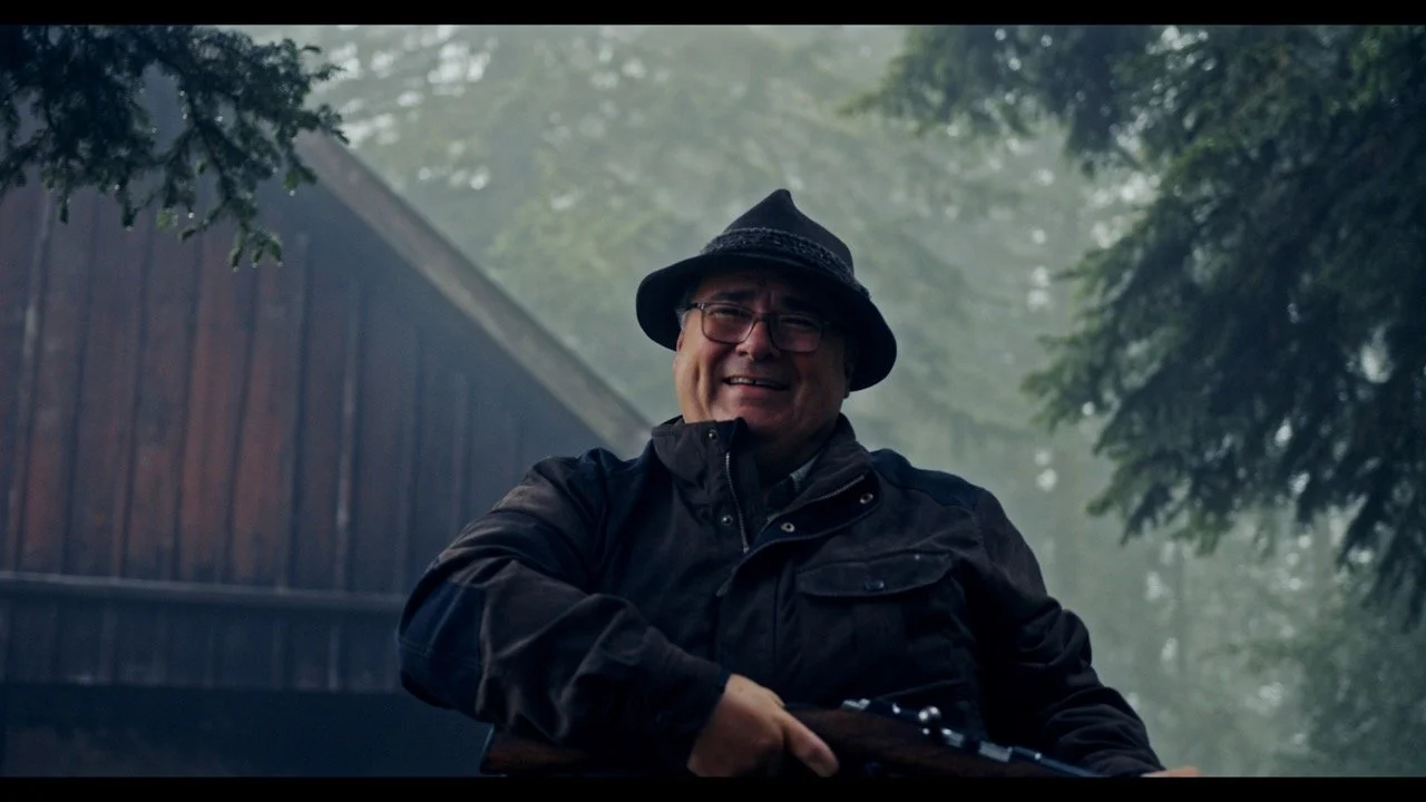 A man with glasses, wearing a hat and dark jacket, smiling outdoors with trees and a wooden structure in the background.