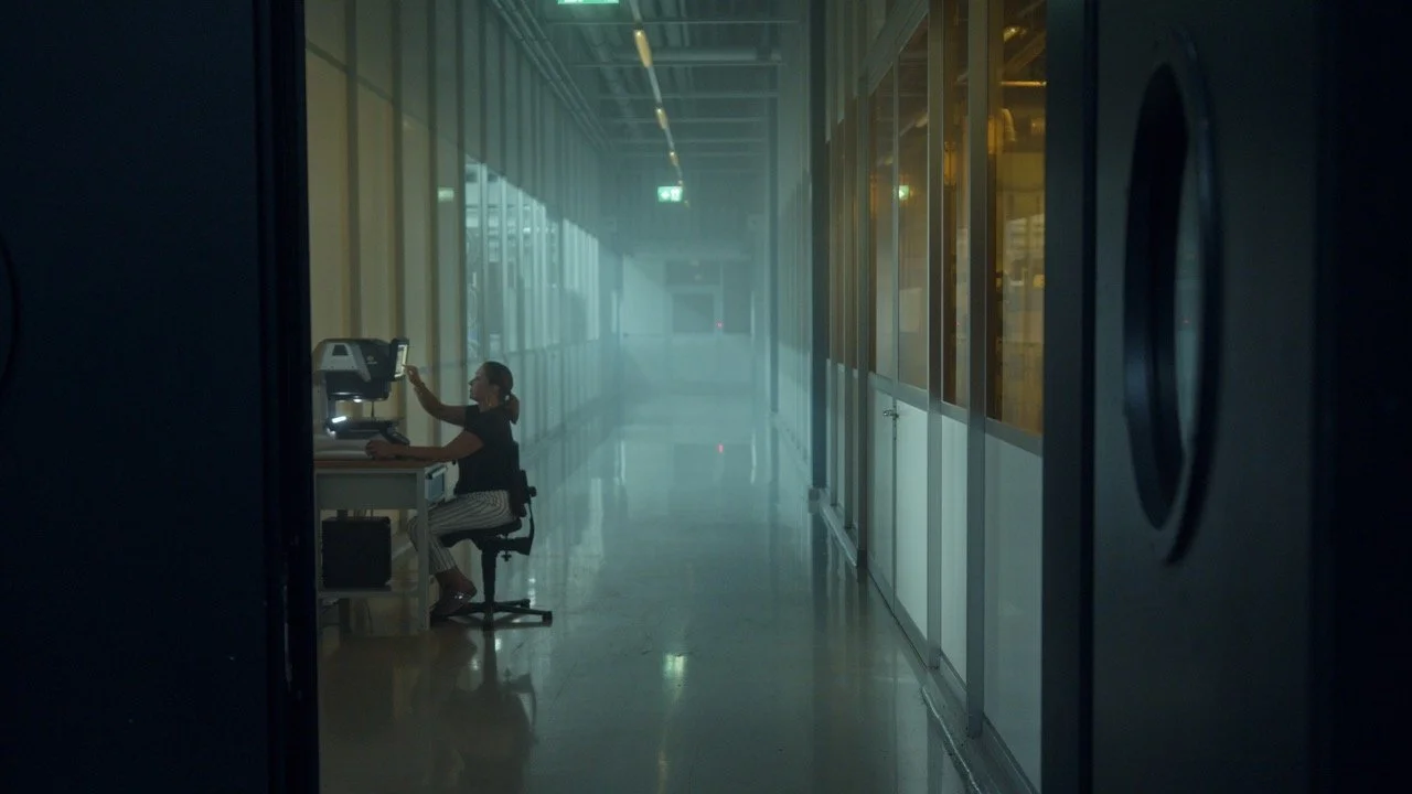 A person working at a desk with a computer in a dimly lit hallway with large windows and glass partitions.